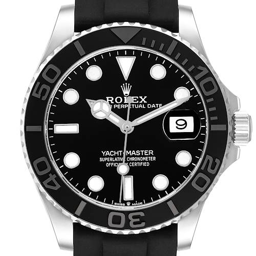 The Rolex Yacht-Master watch is shown from a front angle, displaying the dial, bezel, and crown.