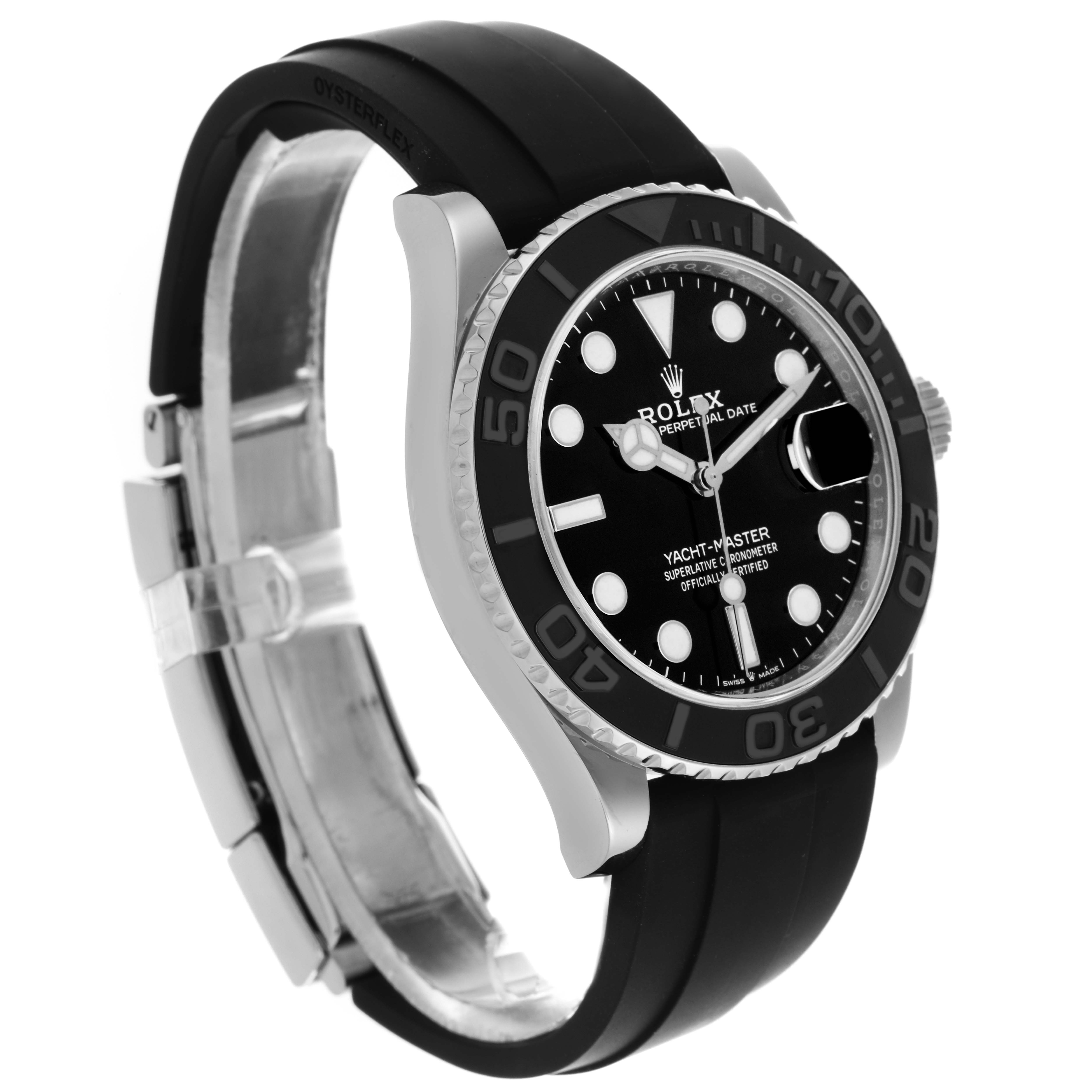 The Rolex Yacht-Master 226659 Men's White Gold Black Dial 226659 Men's White Gold Black Dial watch is shown from a side angle, highlighting the dial, bezel, and rubber strap.