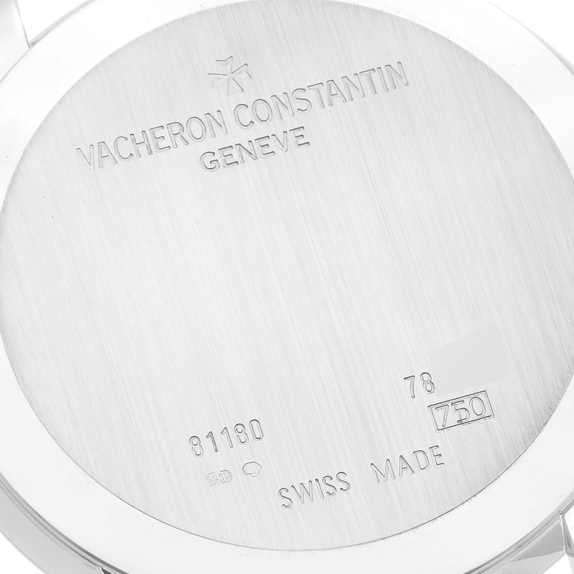 This image shows the back case of the Vacheron Constantin Patrimony 81180/000G Men's White Gold Silver Dial 81180/000G Men's White Gold Silver Dial watch, displaying engraved details including the brand name and Swiss Made label.