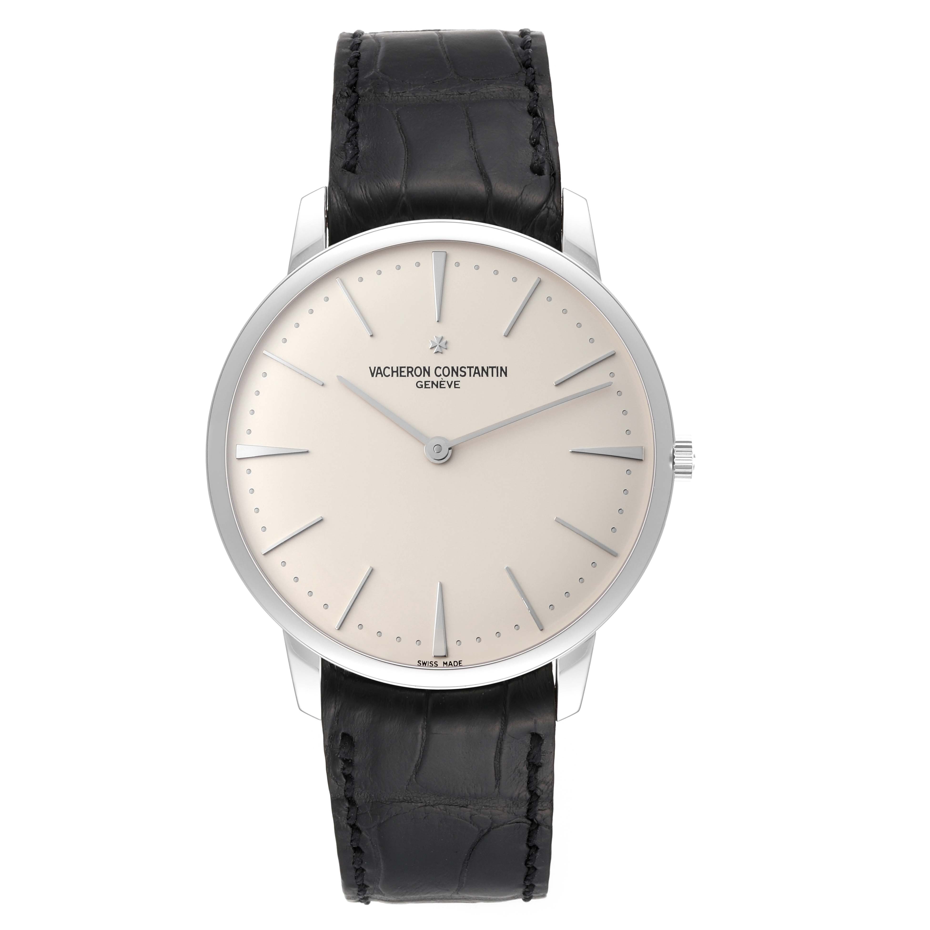 The Vacheron Constantin Patrimony 81180/000G Men's White Gold Silver Dial 81180/000G Men's White Gold Silver Dial watch is shown from the front, displaying its face and black leather strap.