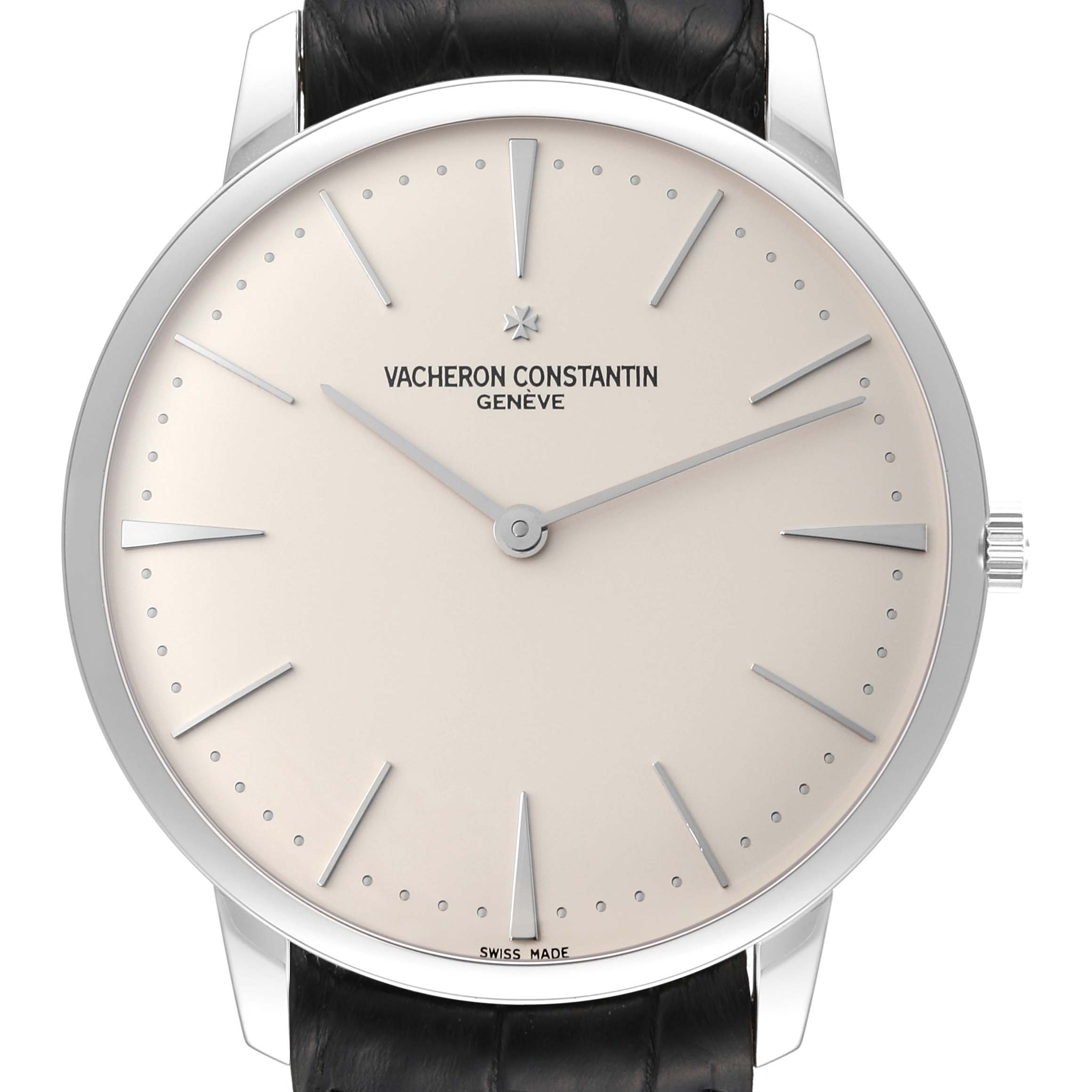 This image shows a front view of the Vacheron Constantin Patrimony 81180/000G Men's White Gold Silver Dial 81180/000G Men's White Gold Silver Dial watch, highlighting its face, hands, indices, and crown.