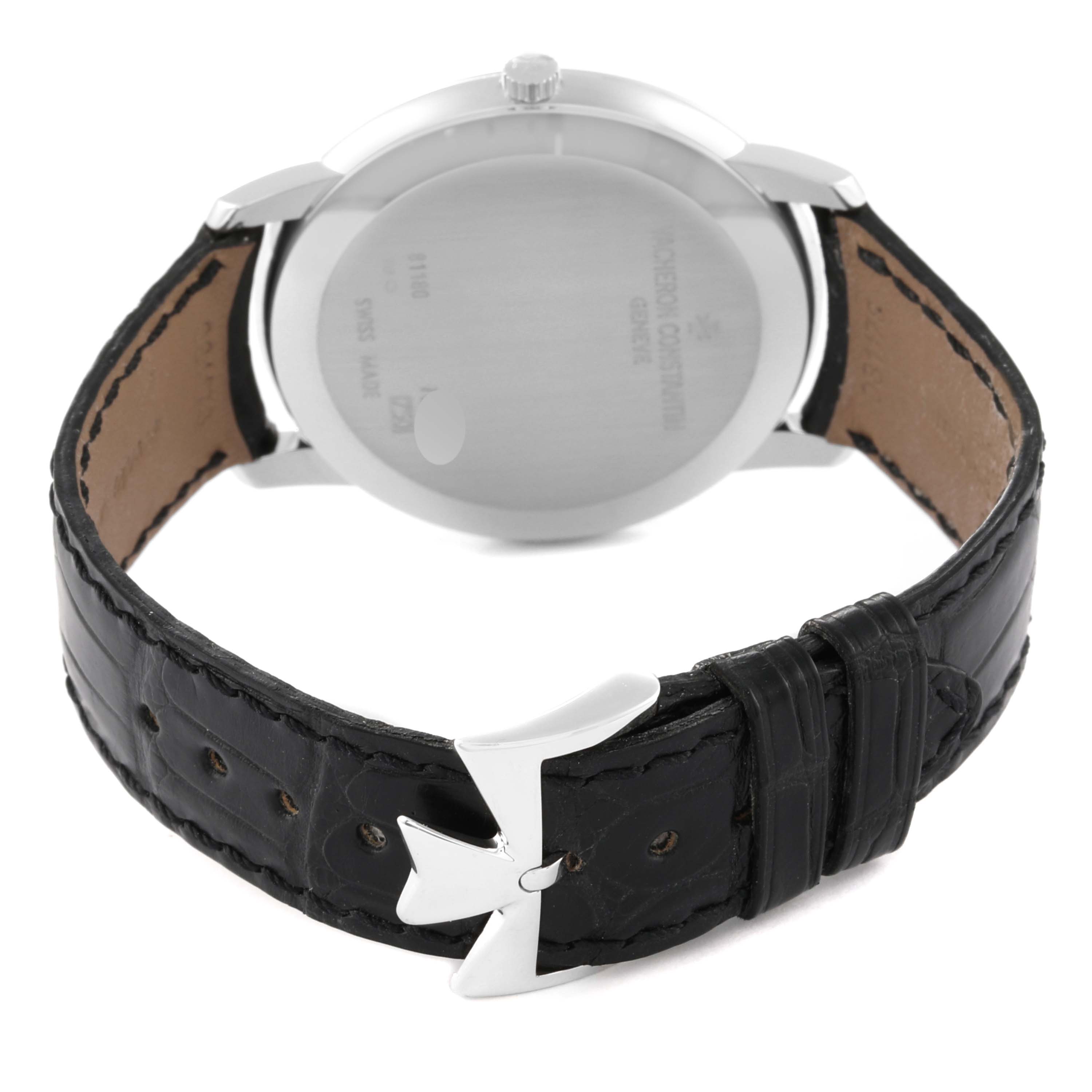 This image shows the back view and buckle of the Vacheron Constantin Patrimony 81180/000G Men's White Gold Silver Dial 81180/000G Men's White Gold Silver Dial watch, highlighting the leather strap and clasp.