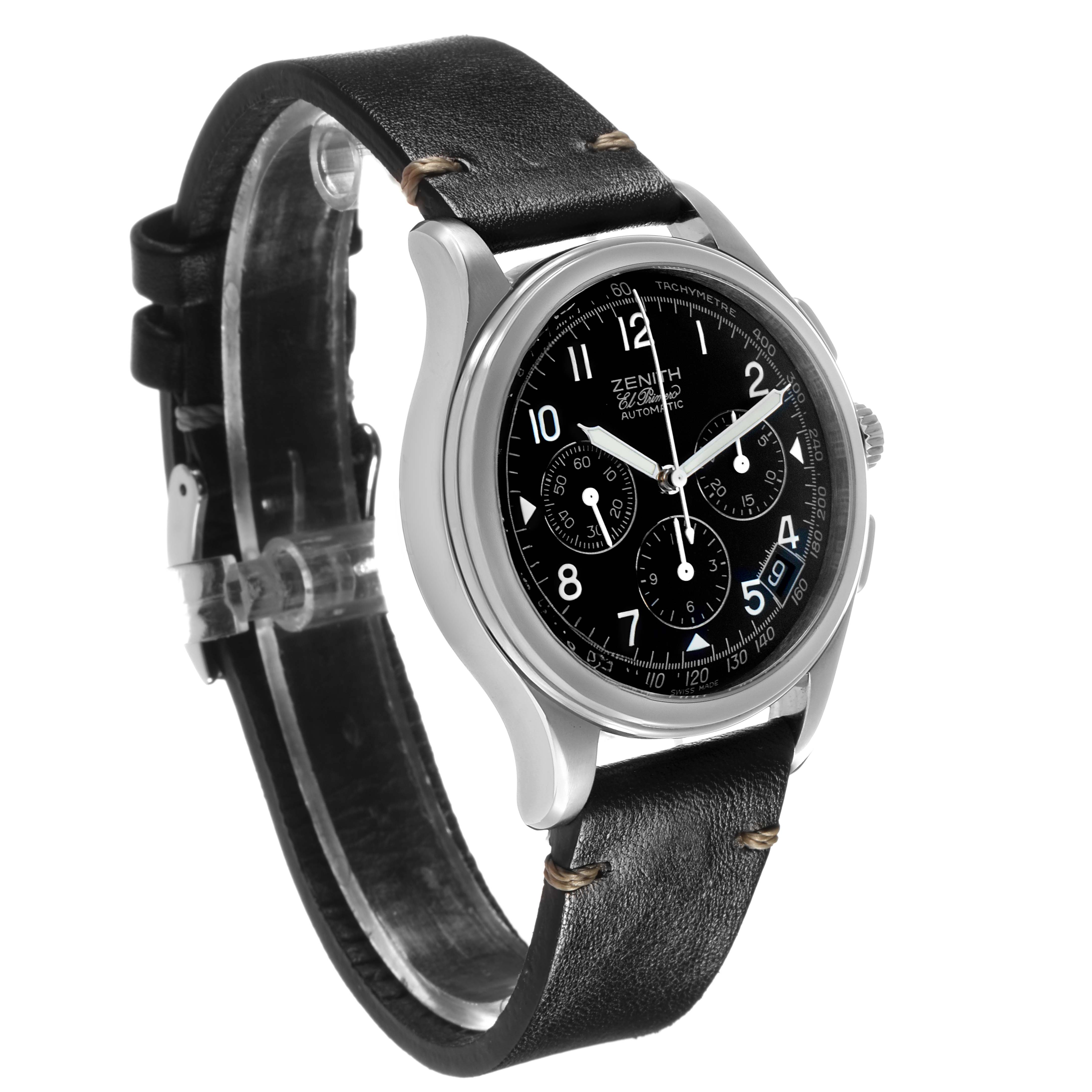 The Zenith El Primero 01.0501.400 Men's Stainless Steel Black Dial watch is shown at a slight angle, displaying its black dial, chronograph subdials, and leather strap.