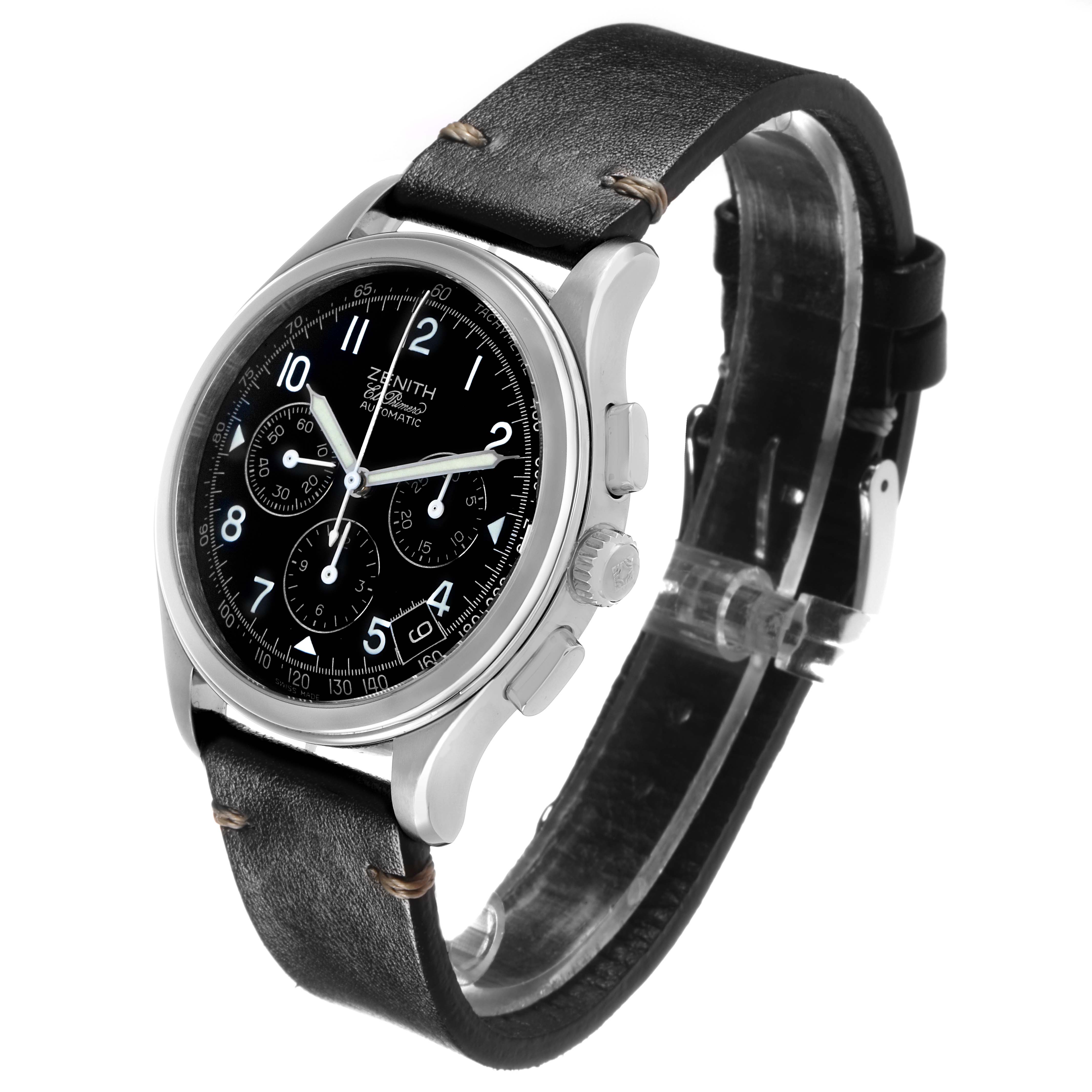 The Zenith El Primero 01.0501.400 Men's Stainless Steel Black Dial watch is shown at a three-quarter angle, highlighting its face, case, crown, pushers, and leather strap.