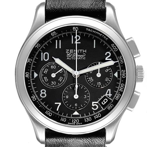 The Zenith El Primero 01.0501.400 Men's Stainless Steel Black Dial watch is shown from the front, displaying its dial, subdials, crown, pushers, and leather strap.