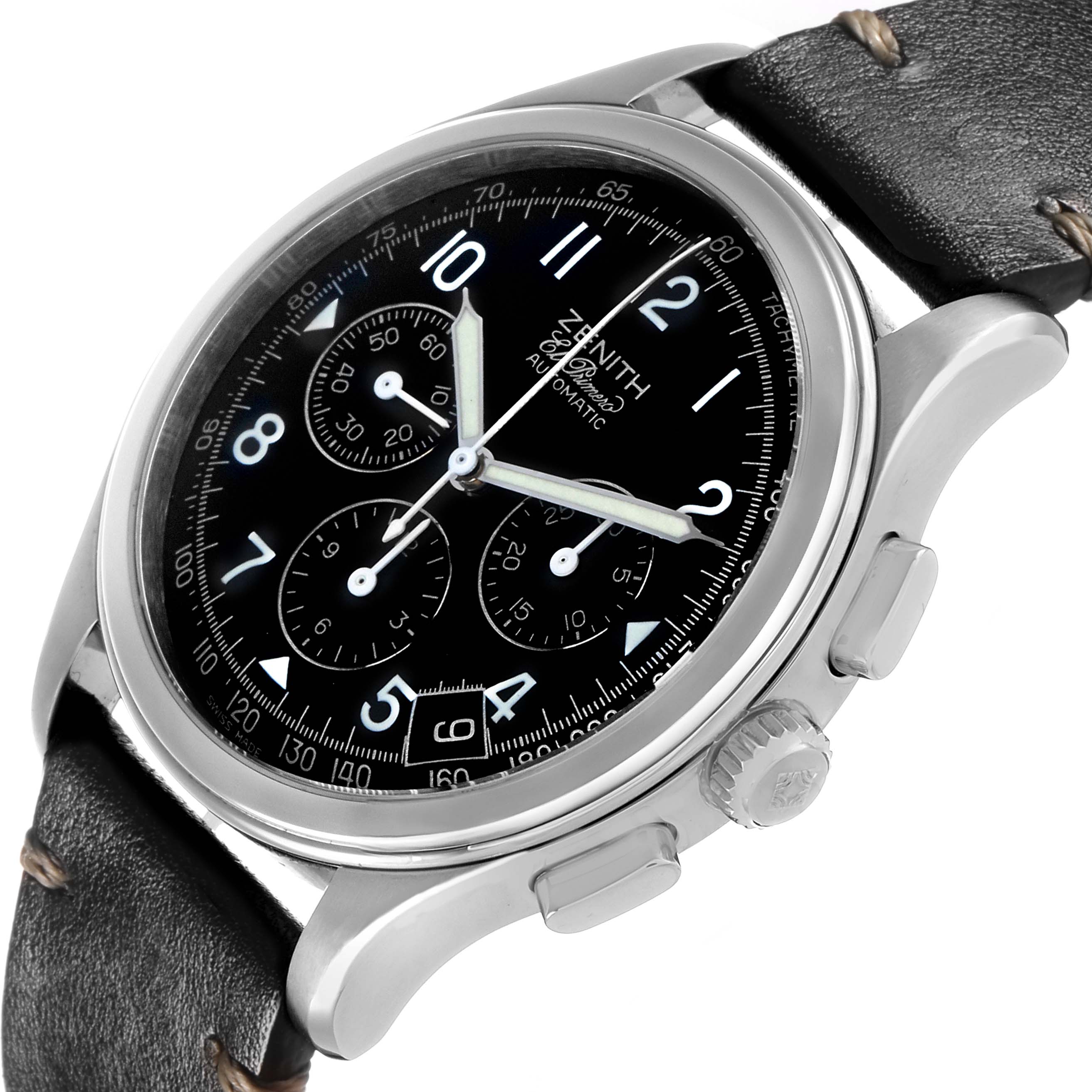 The Zenith El Primero 01.0501.400 Men's Stainless Steel Black Dial watch is shown from an angled top view, highlighting the black dial, chronograph features, and leather strap.