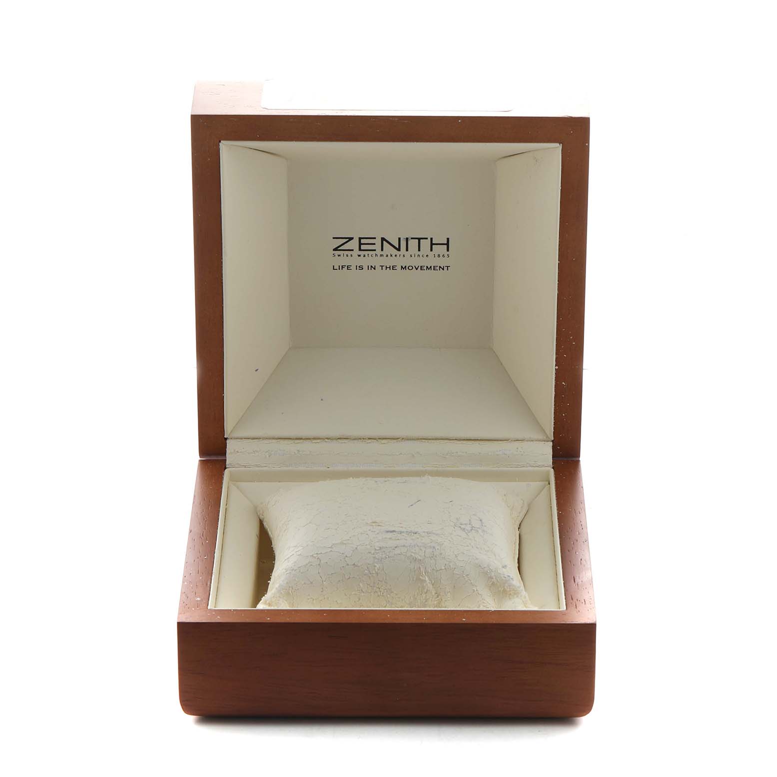 The image shows an open wooden box for a Zenith El Primero 01.0501.400 Men's Stainless Steel Black Dial watch, viewed from the front.