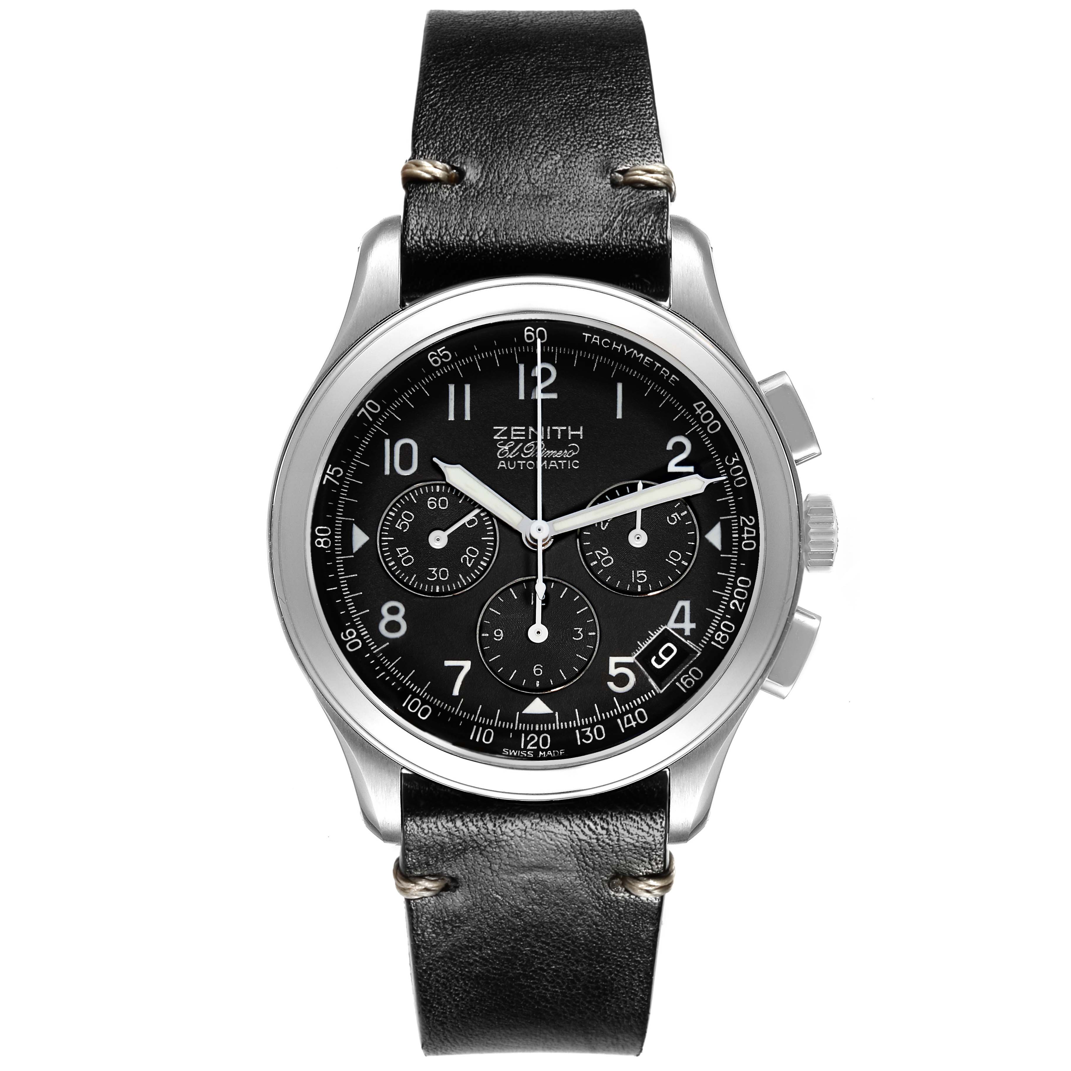 The Zenith El Primero 01.0501.400 Men's Stainless Steel Black Dial watch is shown from a top-down angle, displaying its black dial, subdials, and leather strap.