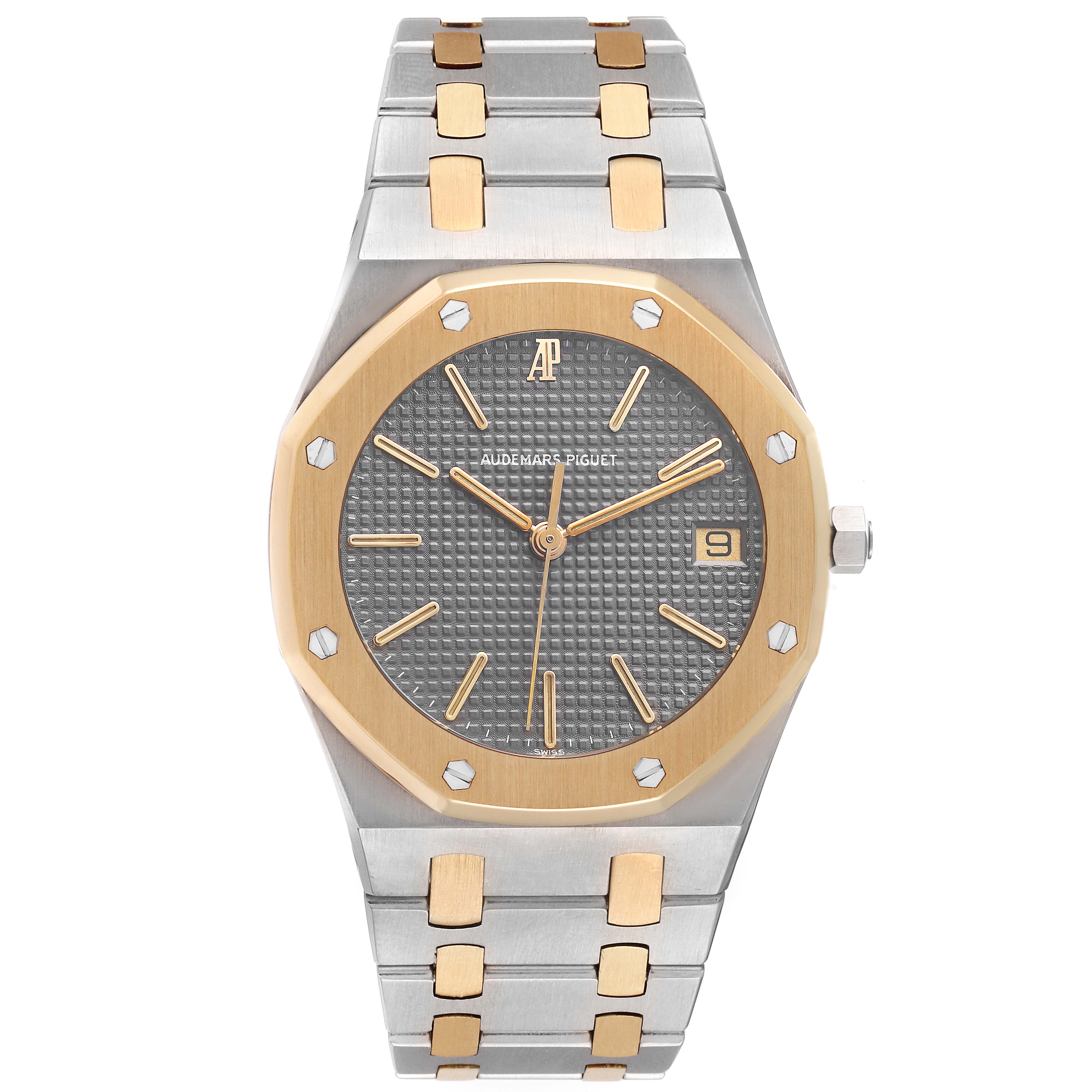 The Audemars Piguet Royal Oak 6023SA Men's Steel and Gold (two tone) Grey Dial watch is shown from the front, displaying the dial, bezel, and bracelet.