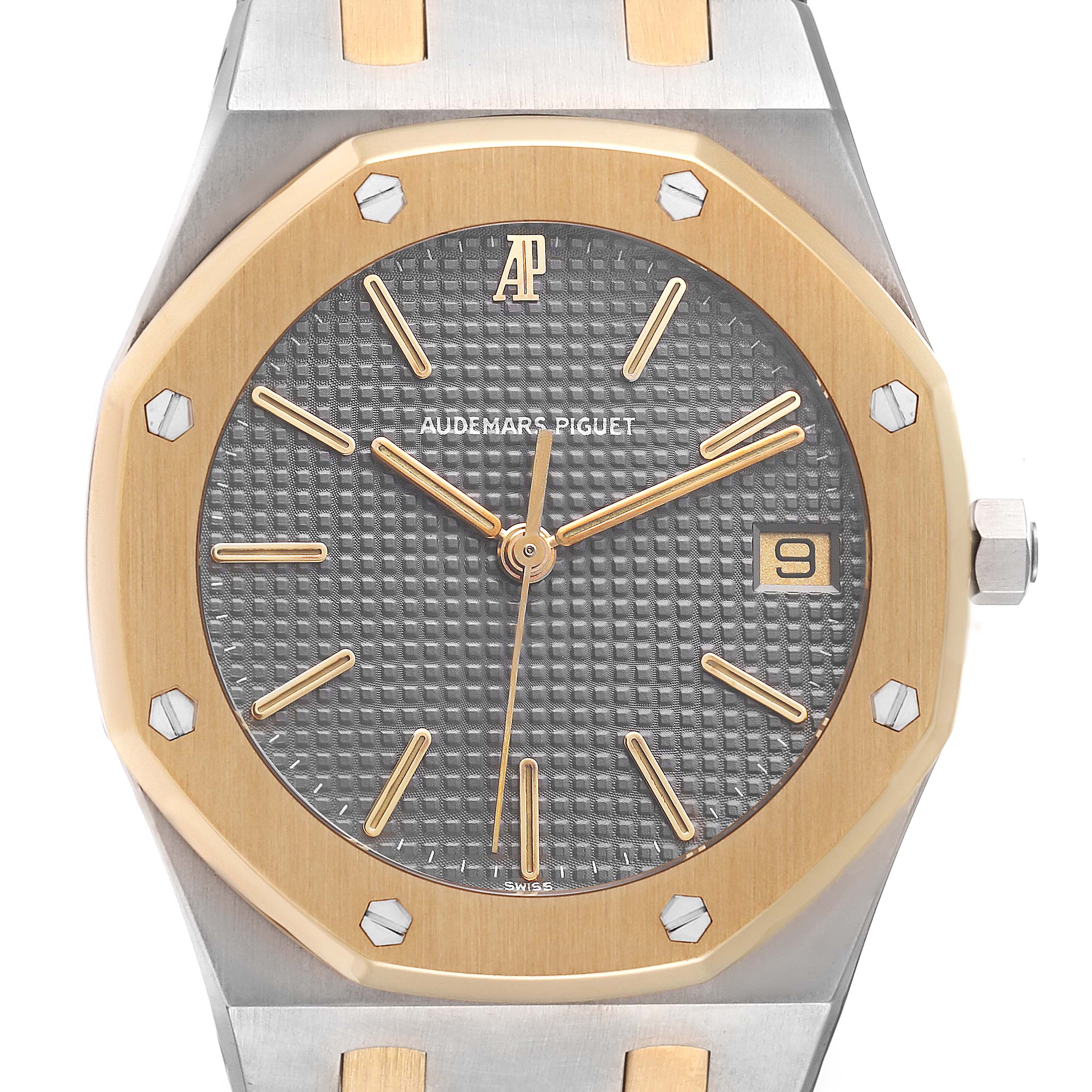 The Audemars Piguet Royal Oak 6023SA Men's Steel and Gold (two tone) Grey Dial watch is shown from the front, highlighting its octagonal bezel and textured dial.