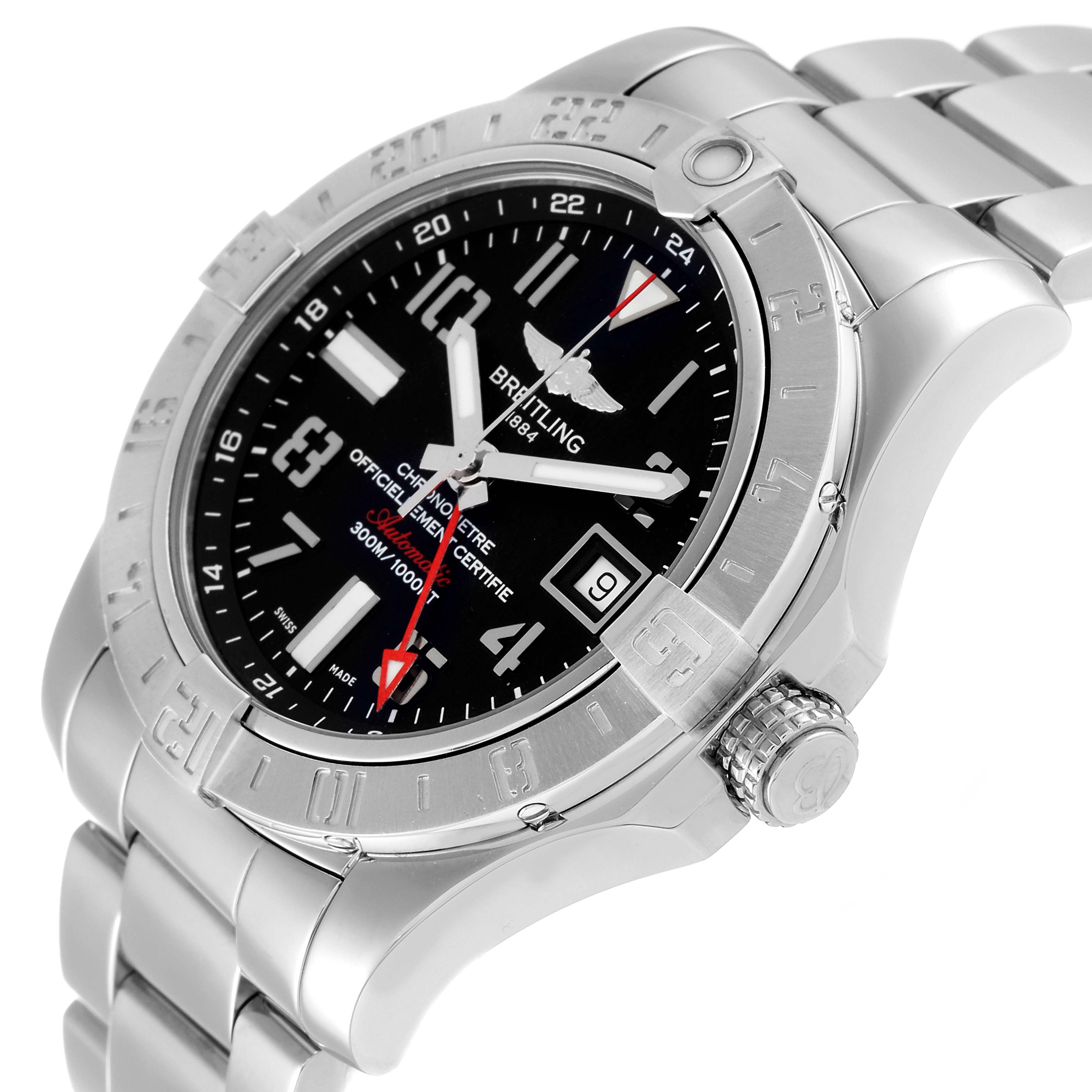 The image shows a Breitling Avenger A32390 Men's Stainless Steel Black Dial A32390 Men's Stainless Steel Black Dial watch at an angle revealing its face, bezel, and stainless steel bracelet.