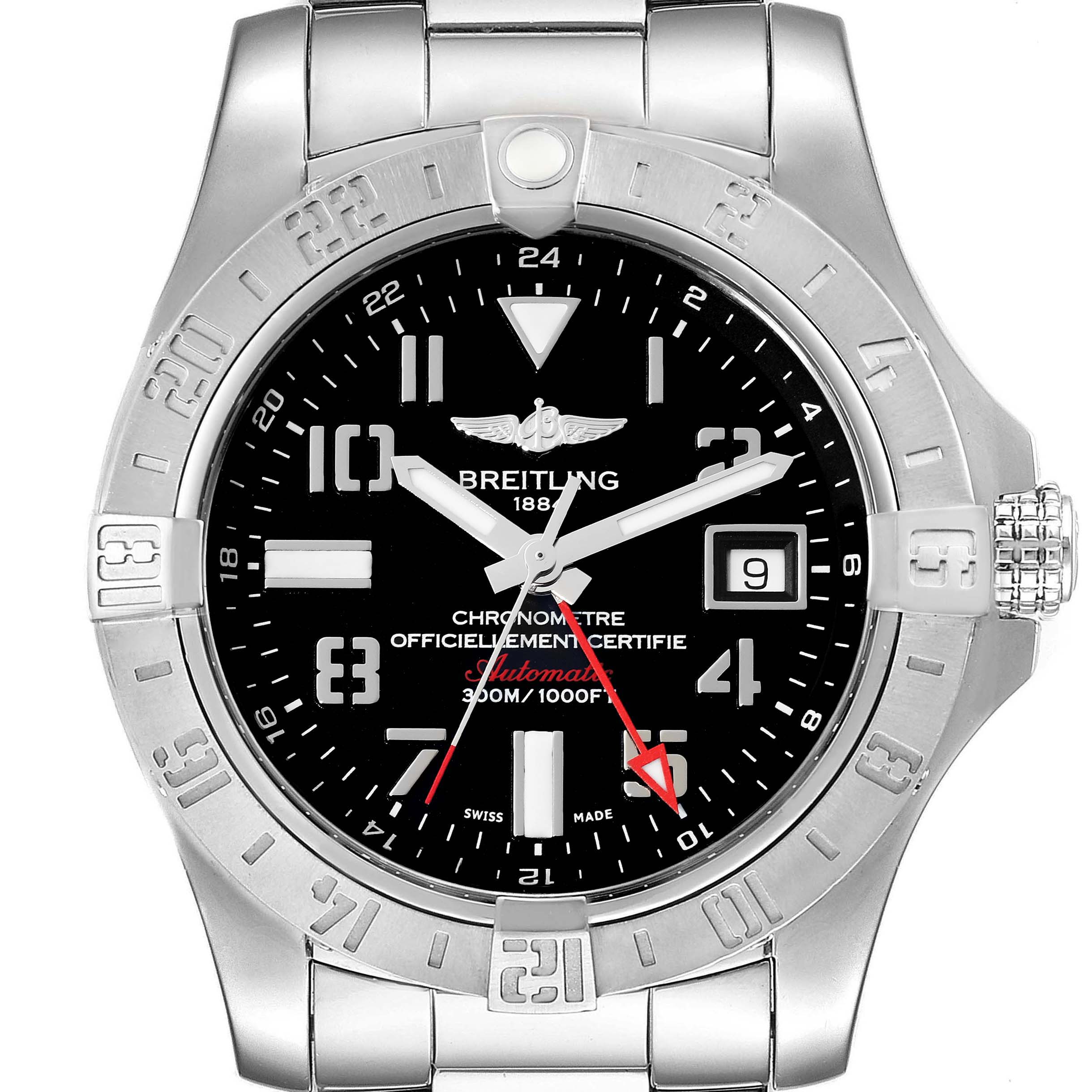 The image shows a front view of the Breitling Avenger A32390 Men's Stainless Steel Black Dial A32390 Men's Stainless Steel Black Dial watch, highlighting the face, bezel, and bracelet.