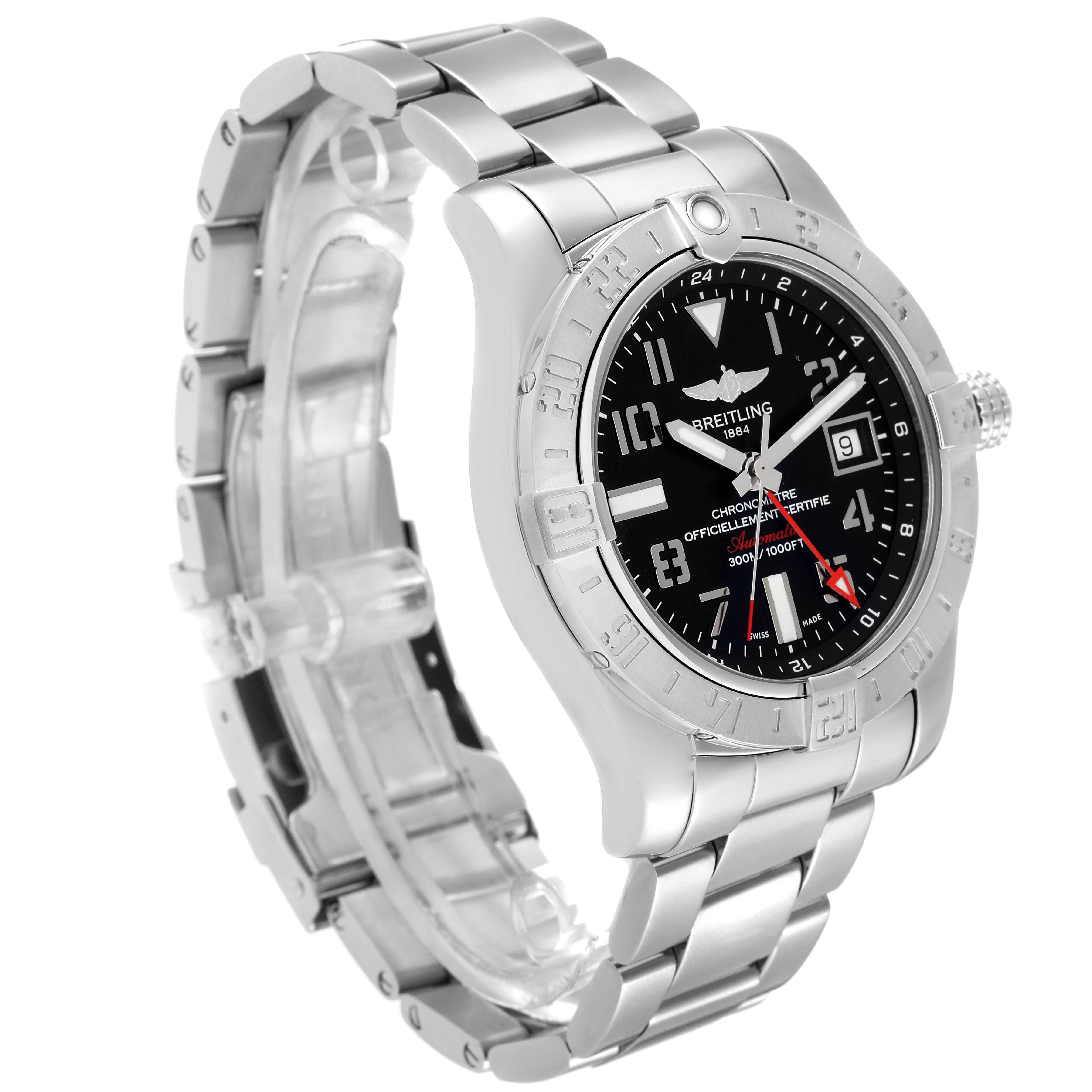 The image shows a side angle of the Breitling Avenger A32390 Men's Stainless Steel Black Dial A32390 Men's Stainless Steel Black Dial watch highlighting its face, bezel, crown, and bracelet.