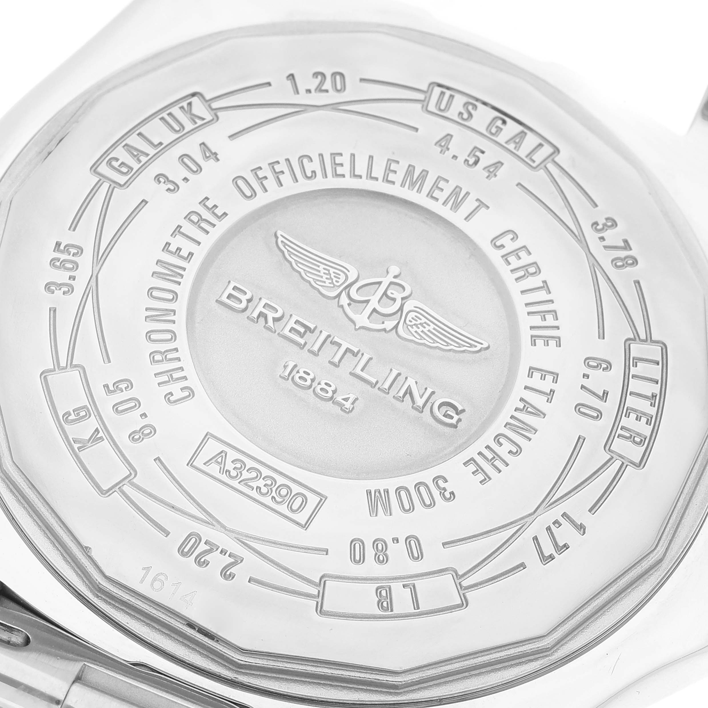 The image shows the back of a Breitling Avenger A32390 Men's Stainless Steel Black Dial A32390 Men's Stainless Steel Black Dial watch, highlighting certification details and the model number.