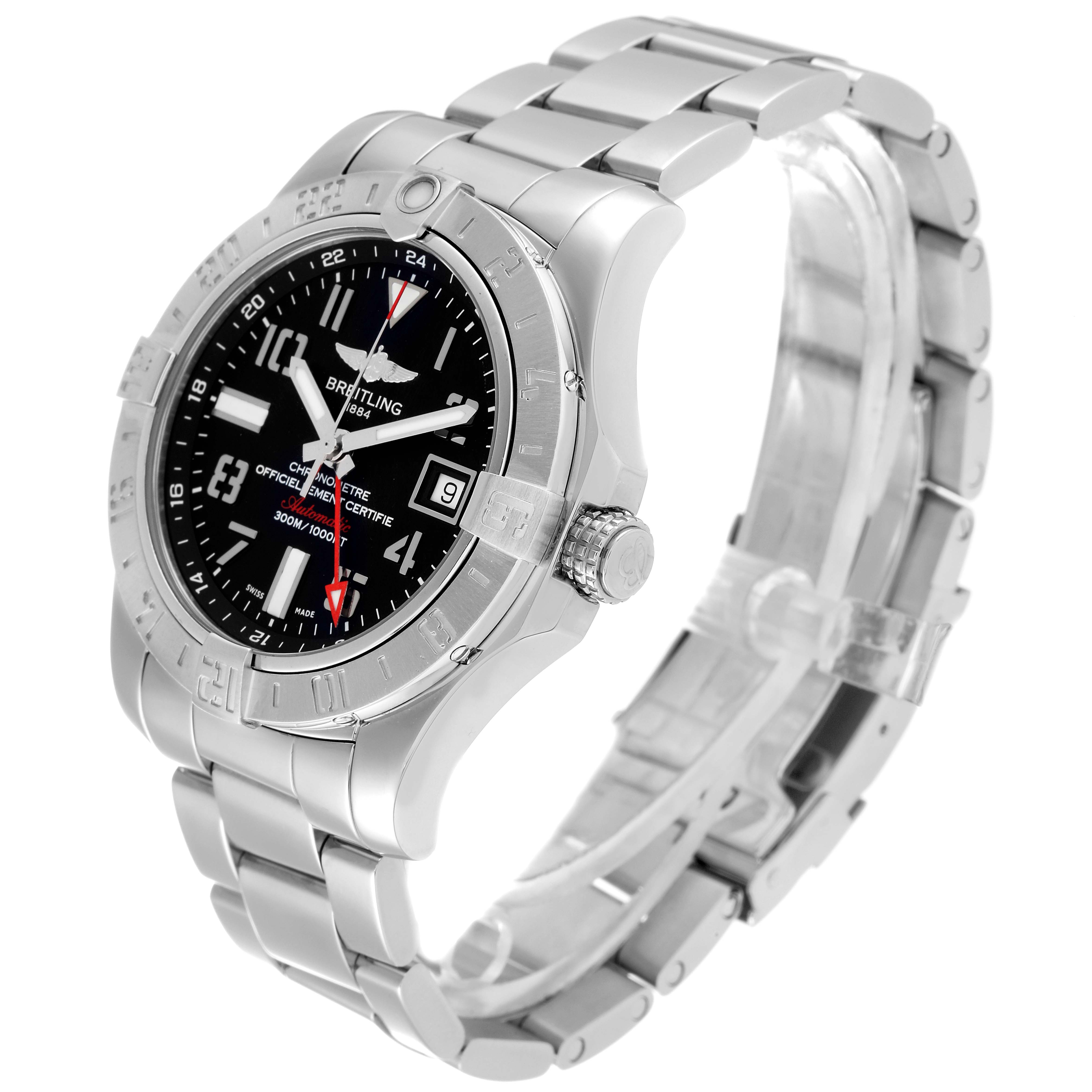 The Breitling Avenger A32390 Men's Stainless Steel Black Dial A32390 Men's Stainless Steel Black Dial watch is shown at a three-quarter angle, displaying its face, bezel, crown, and bracelet.