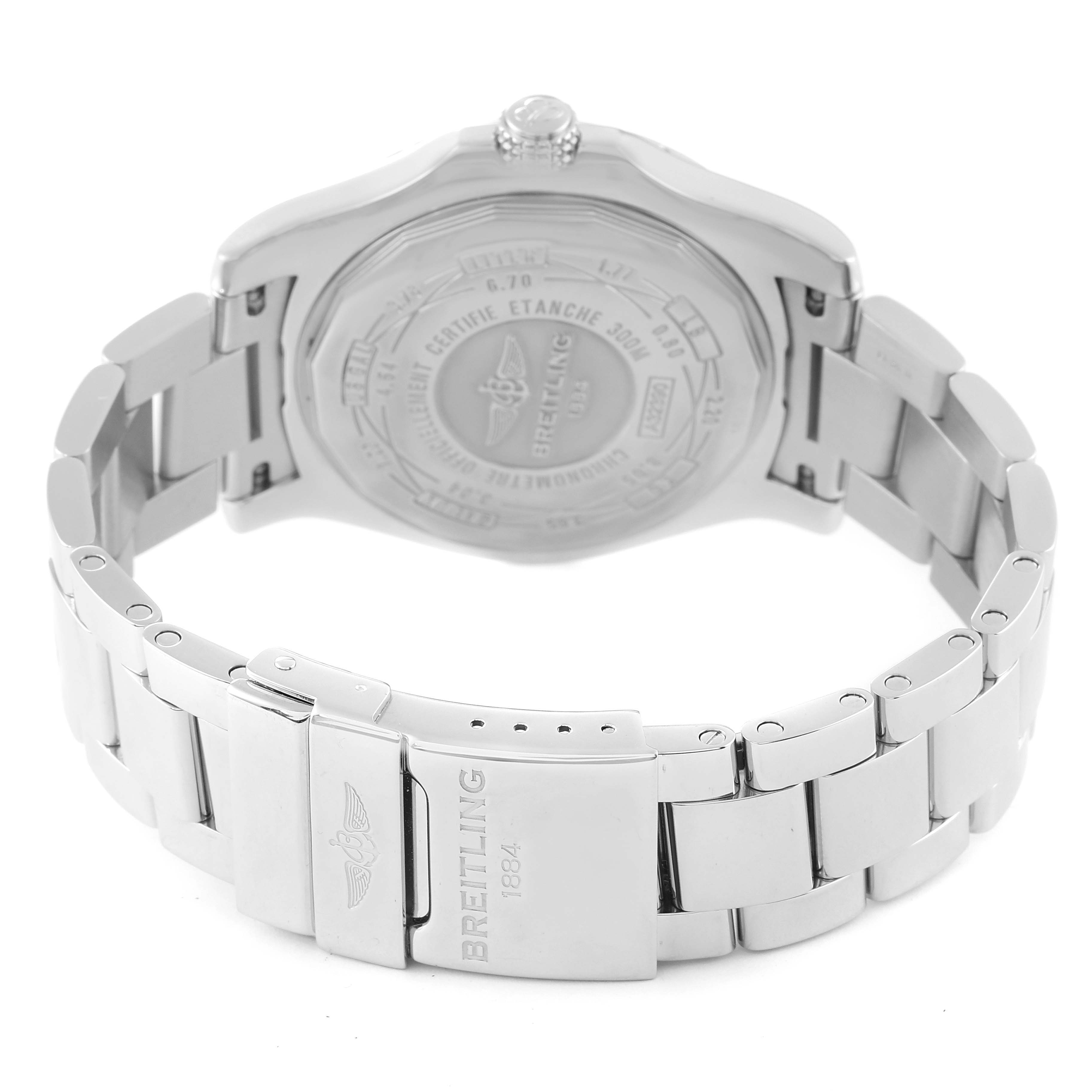 The image shows the back view of a Breitling Avenger A32390 Men's Stainless Steel Black Dial A32390 Men's Stainless Steel Black Dial watch, including the case, clasp, and metal bracelet.