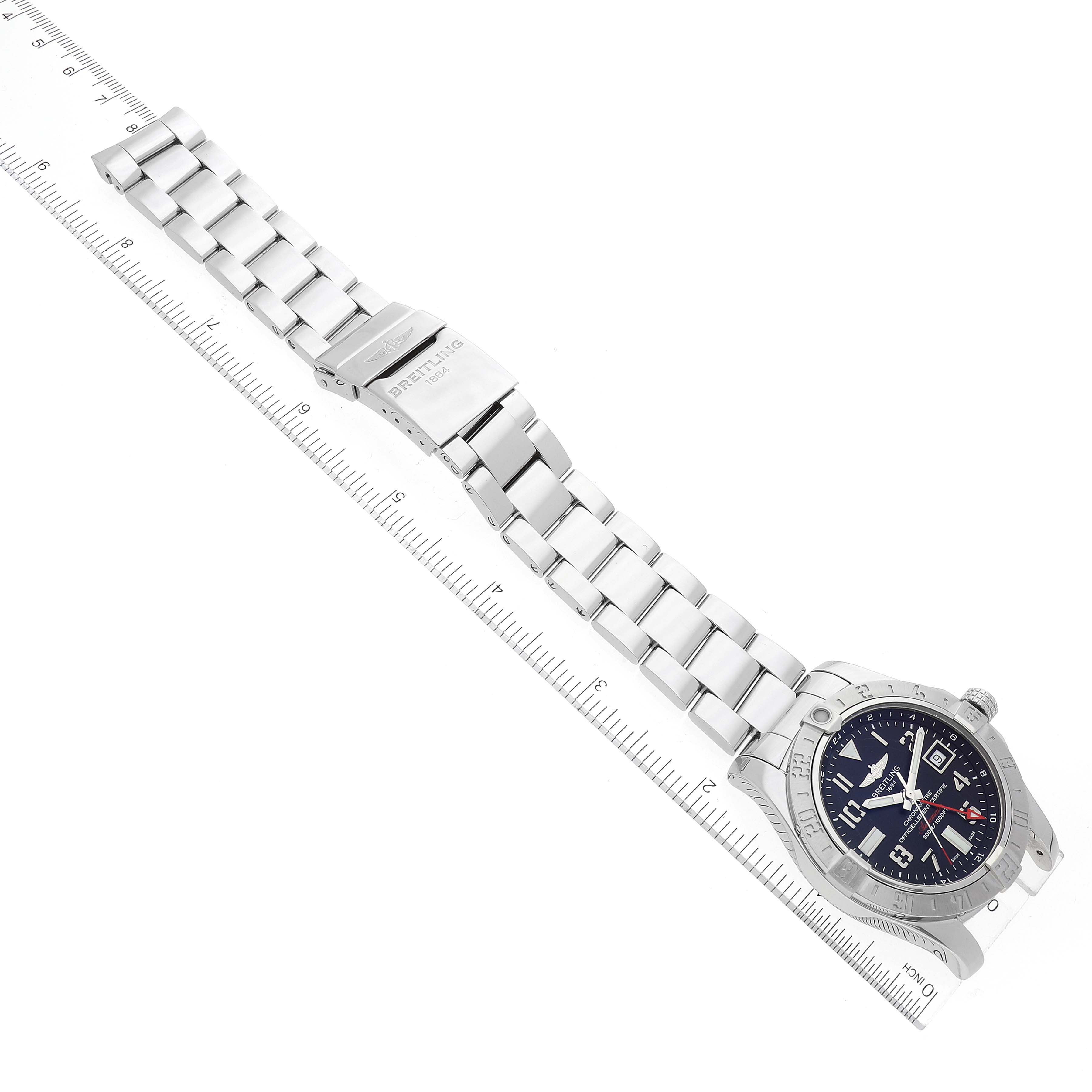 The Breitling Avenger A32390 Men's Stainless Steel Black Dial A32390 Men's Stainless Steel Black Dial watch is shown from a top-down angle, highlighting its dial, bezel, bracelet, and clasp.