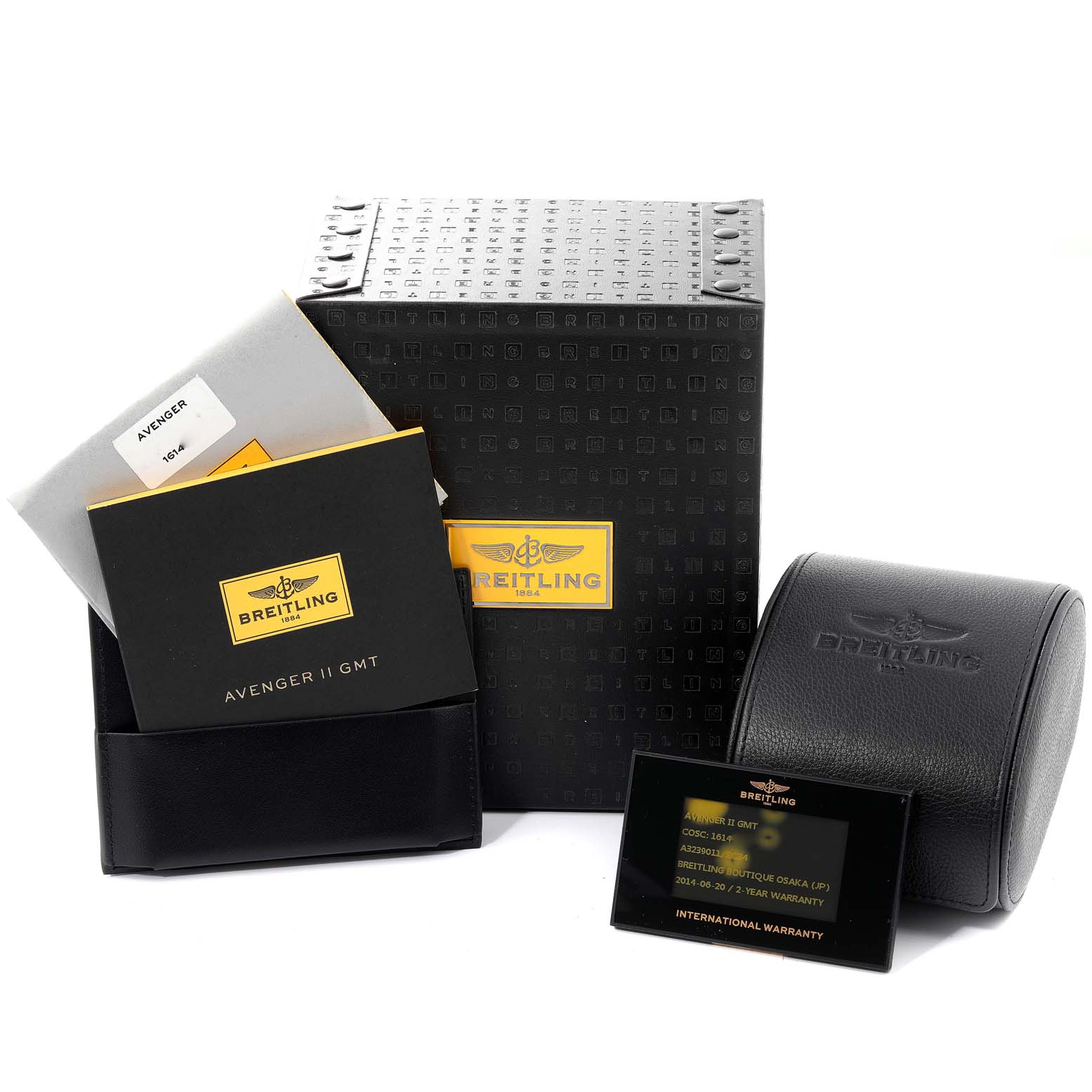 The image shows the packaging, warranty card, and booklet for the Breitling Avenger A32390 Men's Stainless Steel Black Dial A32390 Men's Stainless Steel Black Dial II GMT watch.