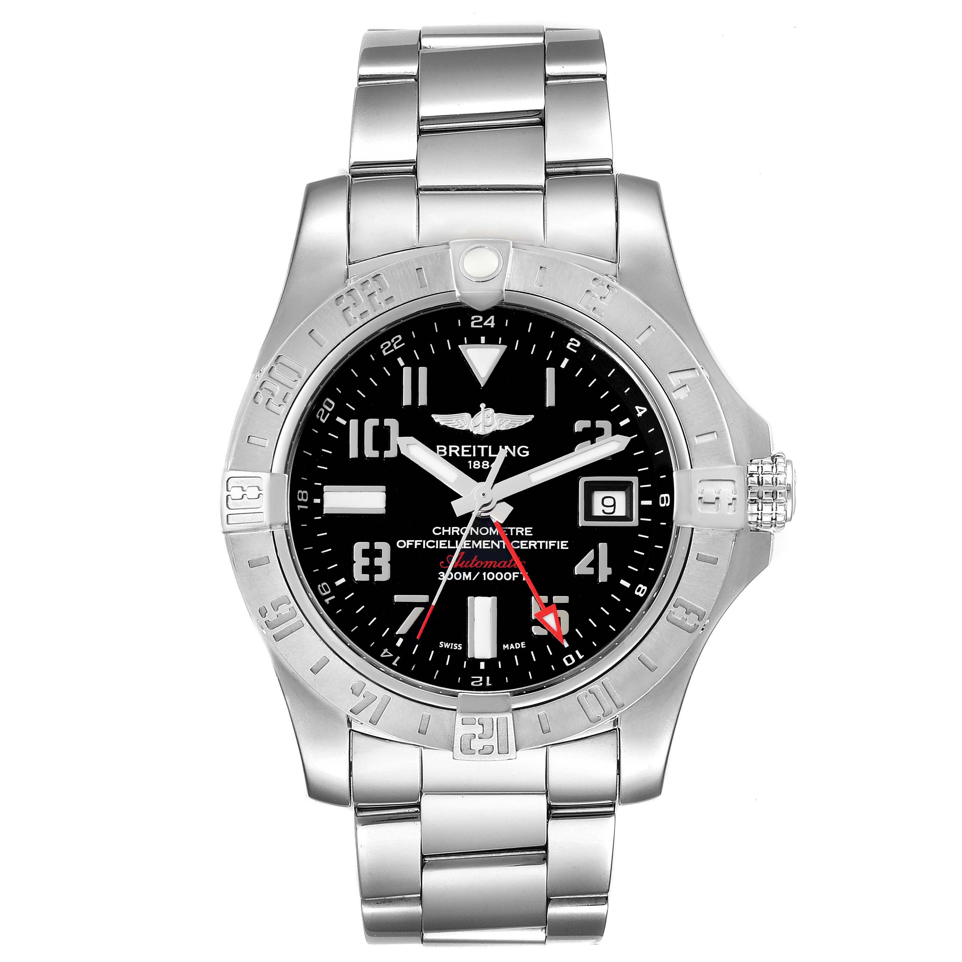 This image shows a front view of the Breitling Avenger A32390 Men's Stainless Steel Black Dial A32390 Men's Stainless Steel Black Dial watch, featuring its dial, bezel, crown, and metal bracelet.