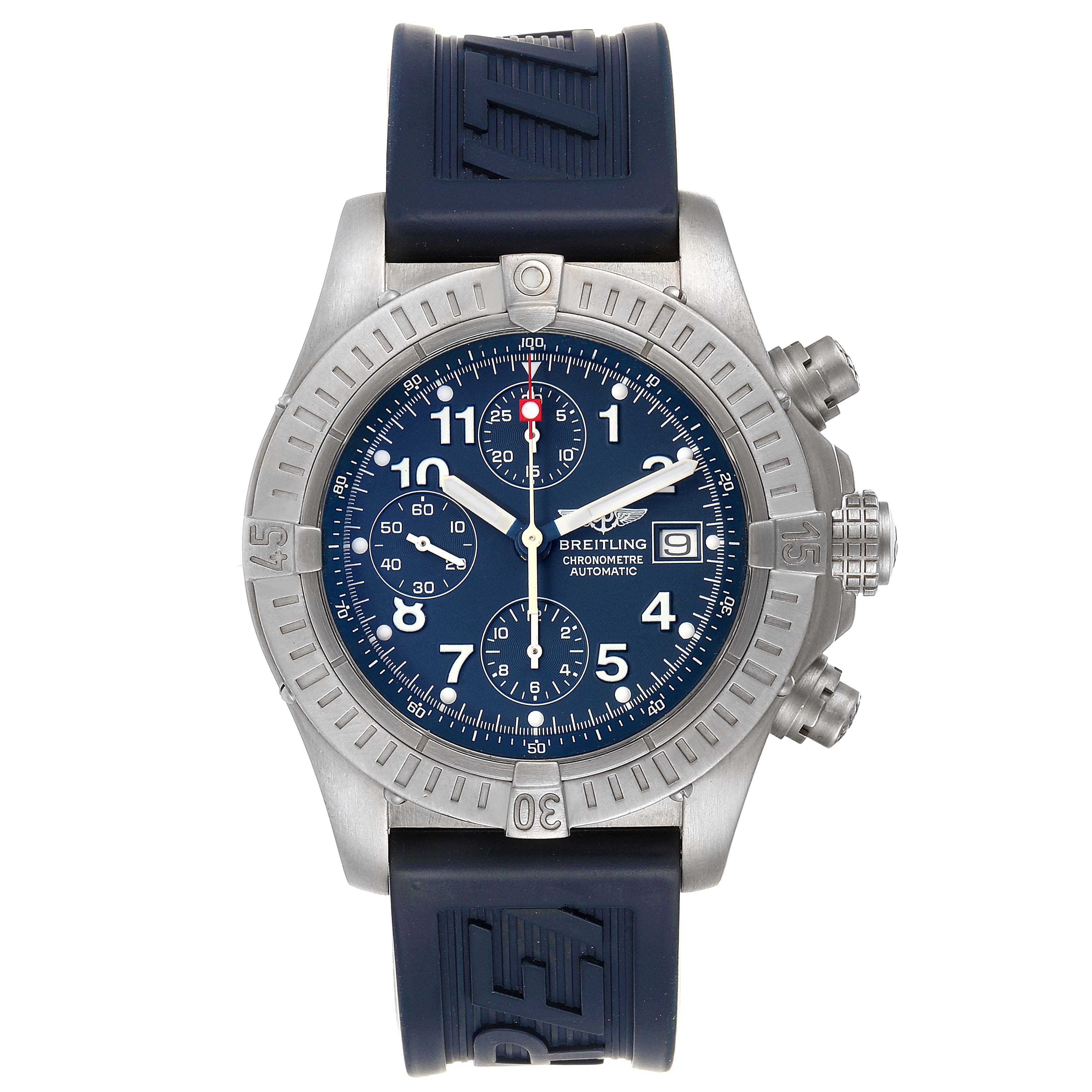 The Breitling Avenger E13360 Men's Titanium Blue Dial E13360 Men's Titanium Blue Dial watch is shown from the front, displaying its blue dial, chronograph sub-dials, and date window, with a blue rubber strap.