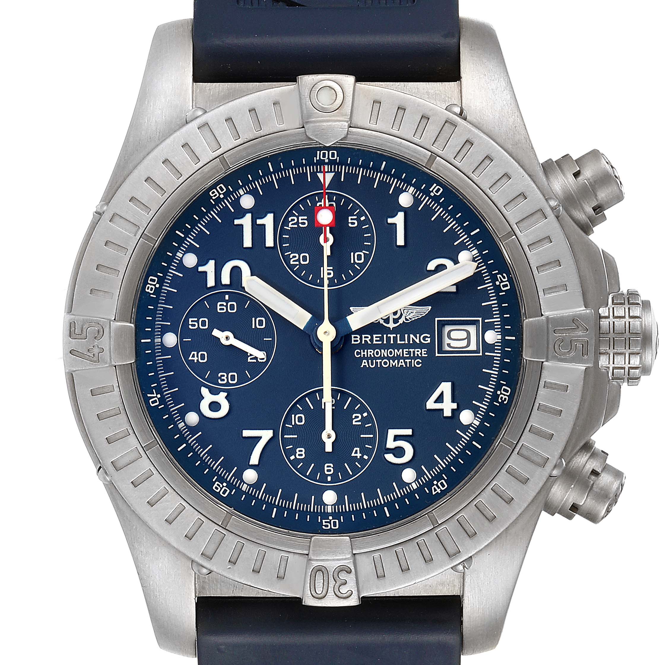 The image shows a front view of the Breitling Avenger E13360 Men's Titanium Blue Dial E13360 Men's Titanium Blue Dial watch, highlighting its dial, bezel, and chronograph sub-dials.