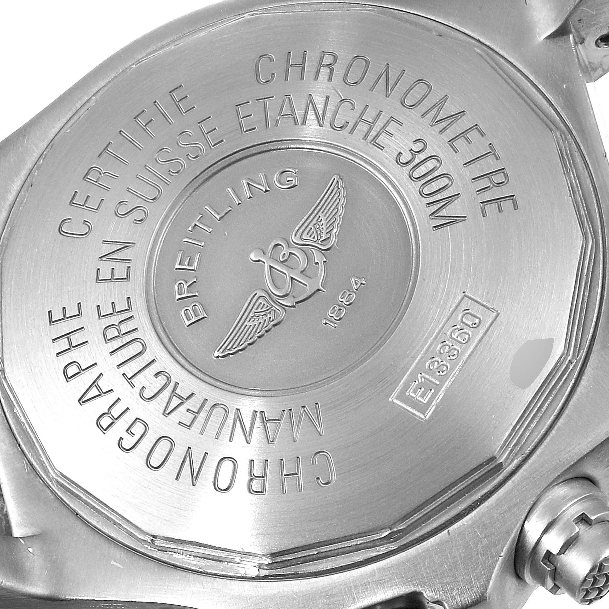 The image shows the back case of a Breitling Avenger E13360 Men's Titanium Blue Dial E13360 Men's Titanium Blue Dial watch, including engraving details and the model number.