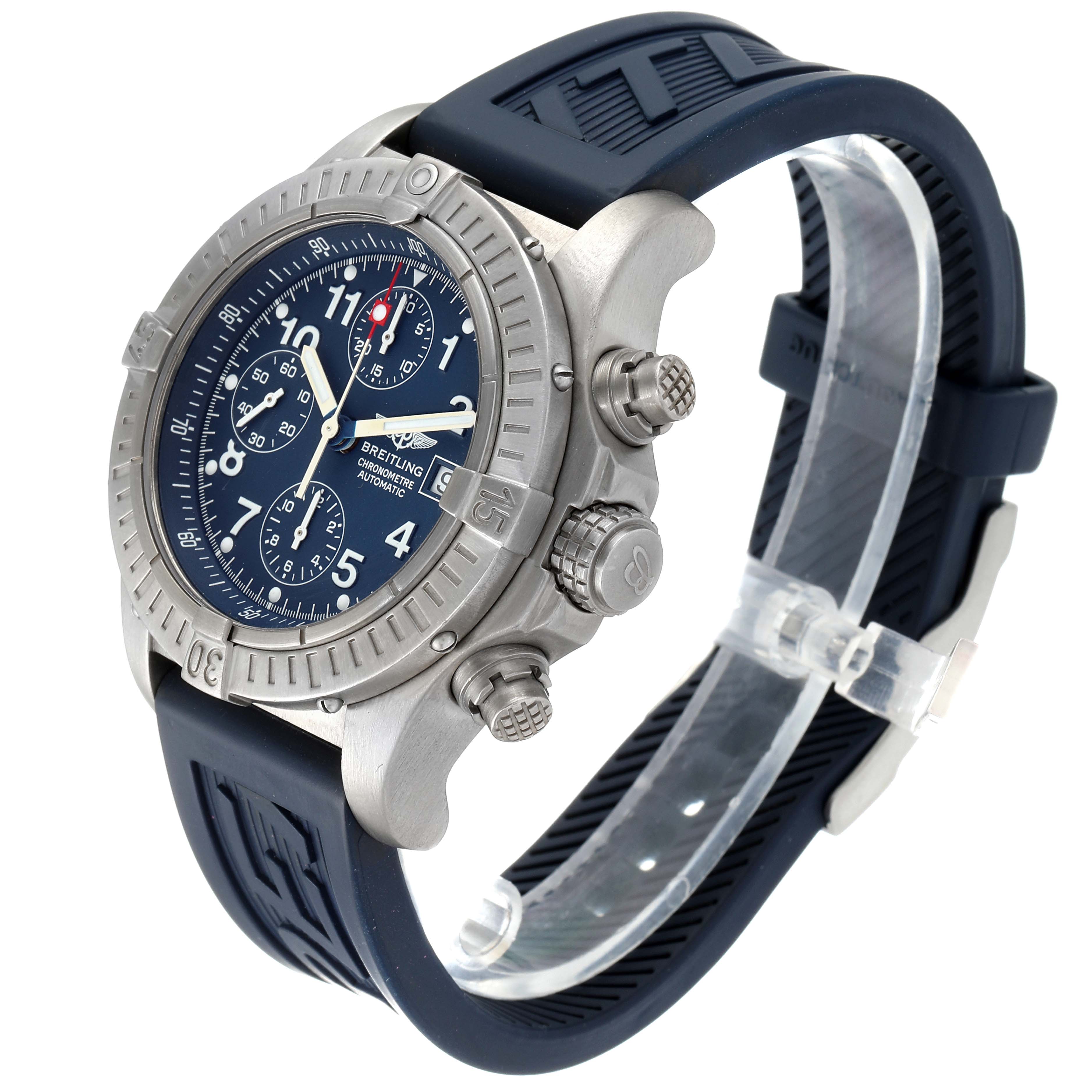 The image displays a Breitling Avenger E13360 Men's Titanium Blue Dial E13360 Men's Titanium Blue Dial watch at a three-quarter angle, showing the dial, bezel, crown, pushers, and rubber strap.