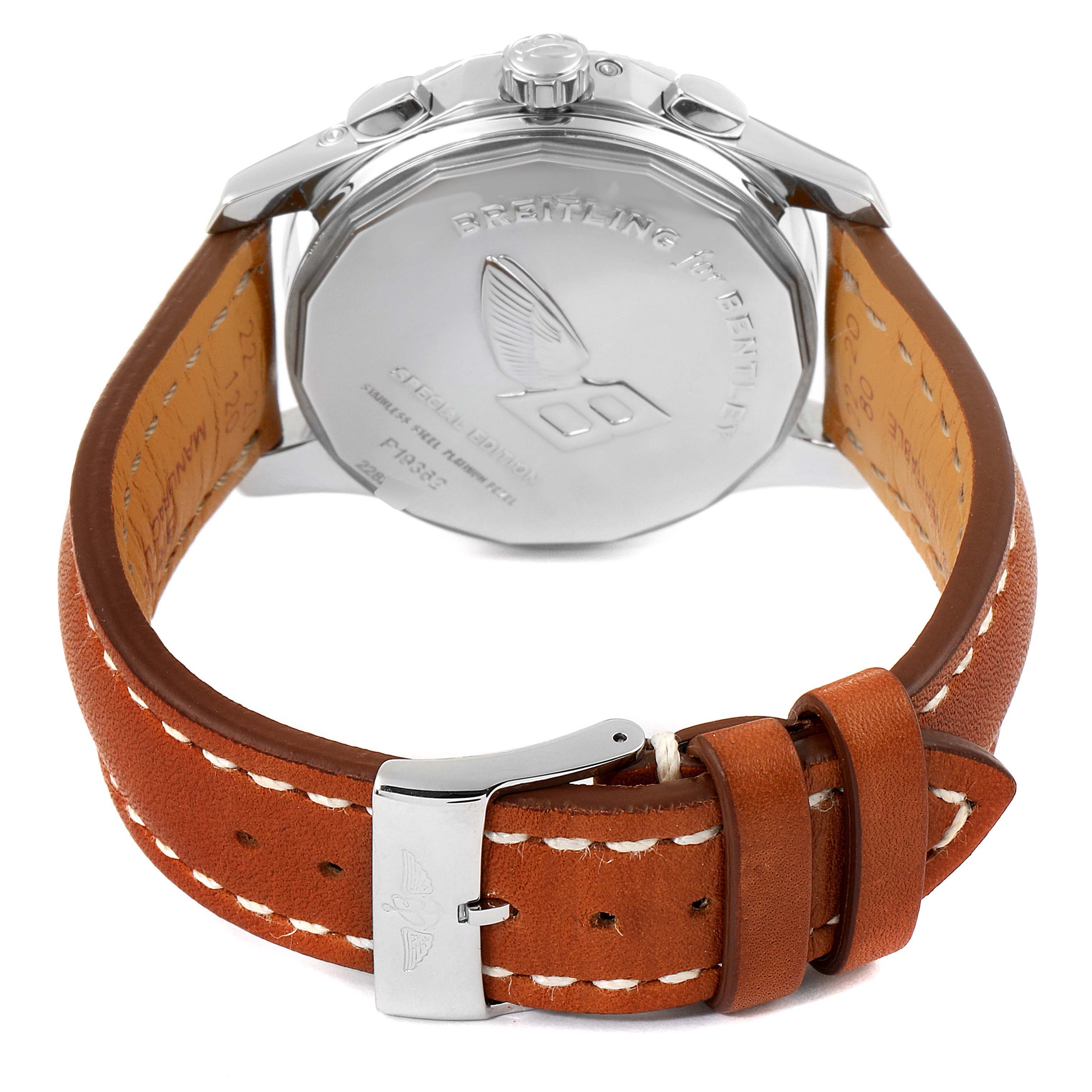 This image shows the back view of a Bentley model watch by Breitling, focusing on the case back and leather strap with a clasp.