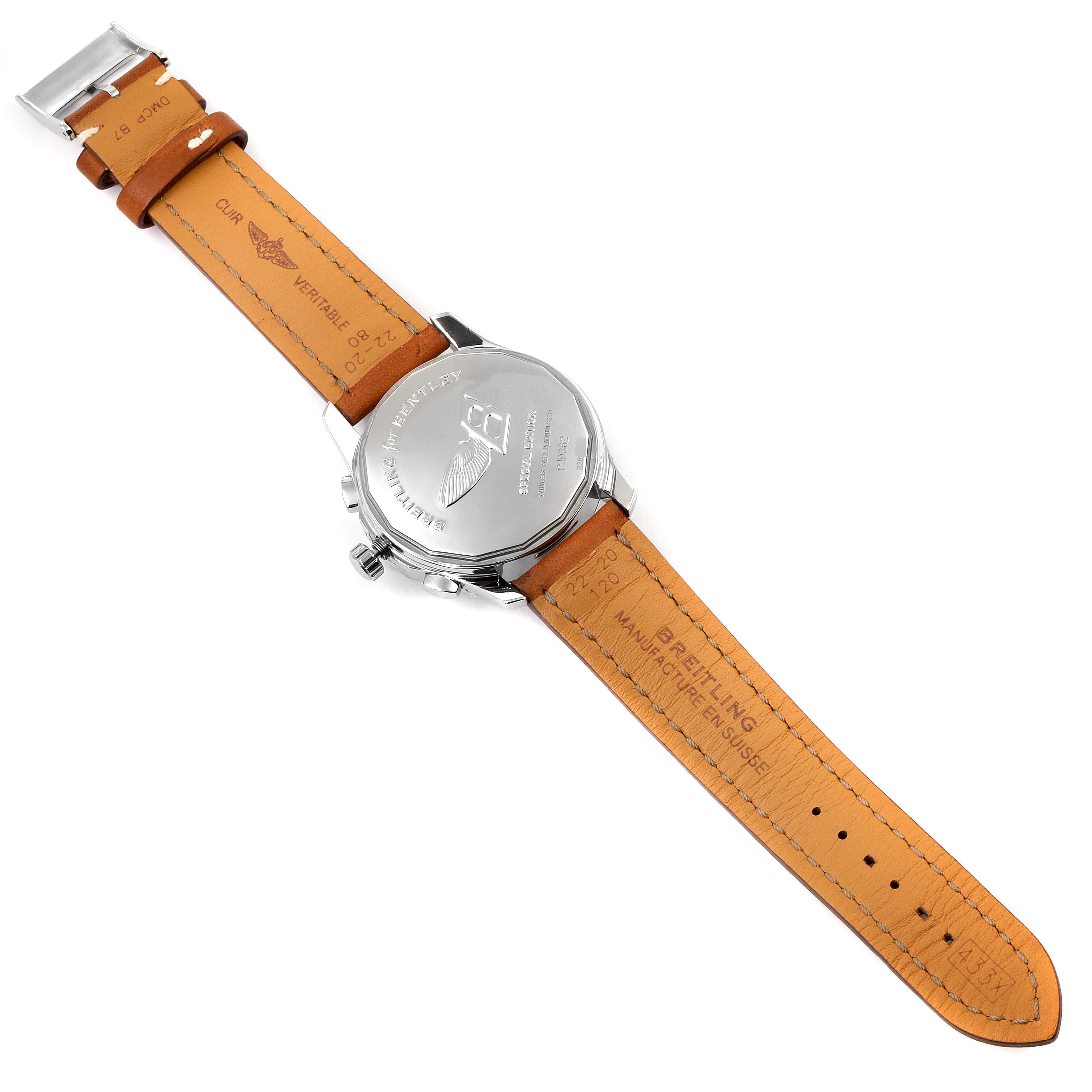 This image shows the back of the Breitling Bentley P19362 Men's Stainless Steel Mother of Pearl Dial P19362 Men's Stainless Steel Mother of Pearl Dial watch, including the case back and brown leather strap with visible branding.