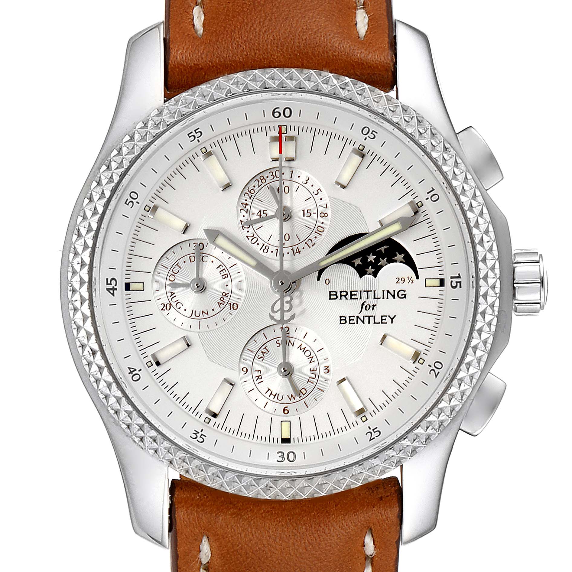 The image shows a front view of a Breitling Bentley P19362 Men's Stainless Steel Mother of Pearl Dial P19362 Men's Stainless Steel Mother of Pearl Dial watch, highlighting the face, dial, bezel, and leather strap.