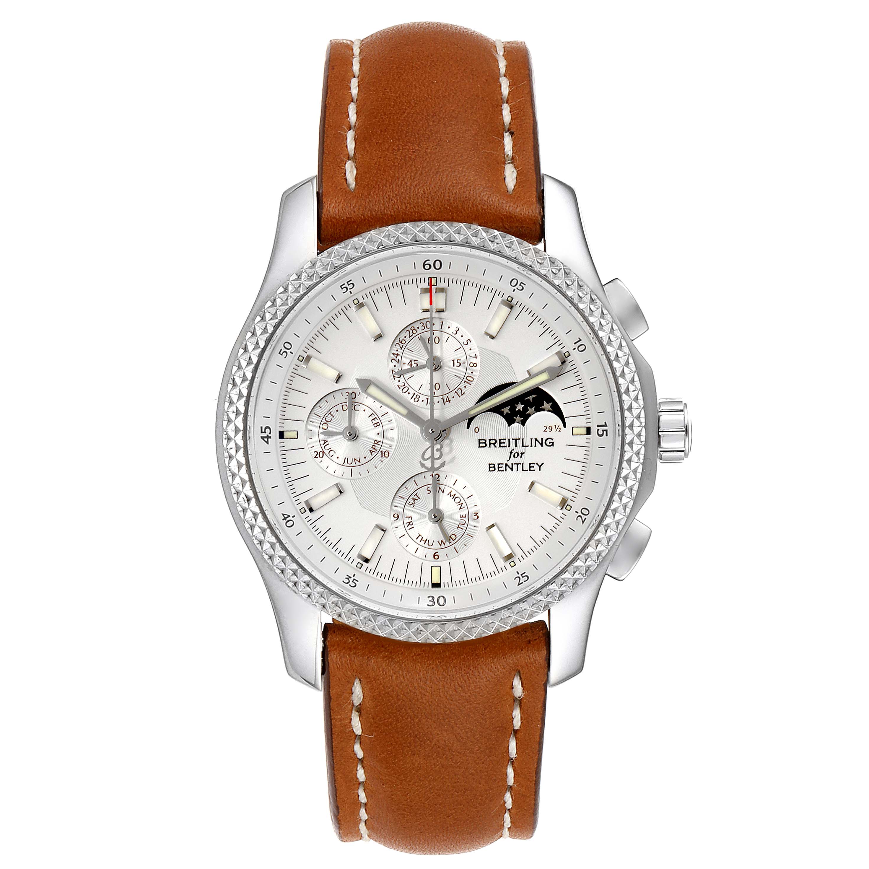 The image shows a front view of a Breitling Bentley P19362 Men's Stainless Steel Mother of Pearl Dial P19362 Men's Stainless Steel Mother of Pearl Dial watch with a brown leather strap, silver case, and multiple subdials.