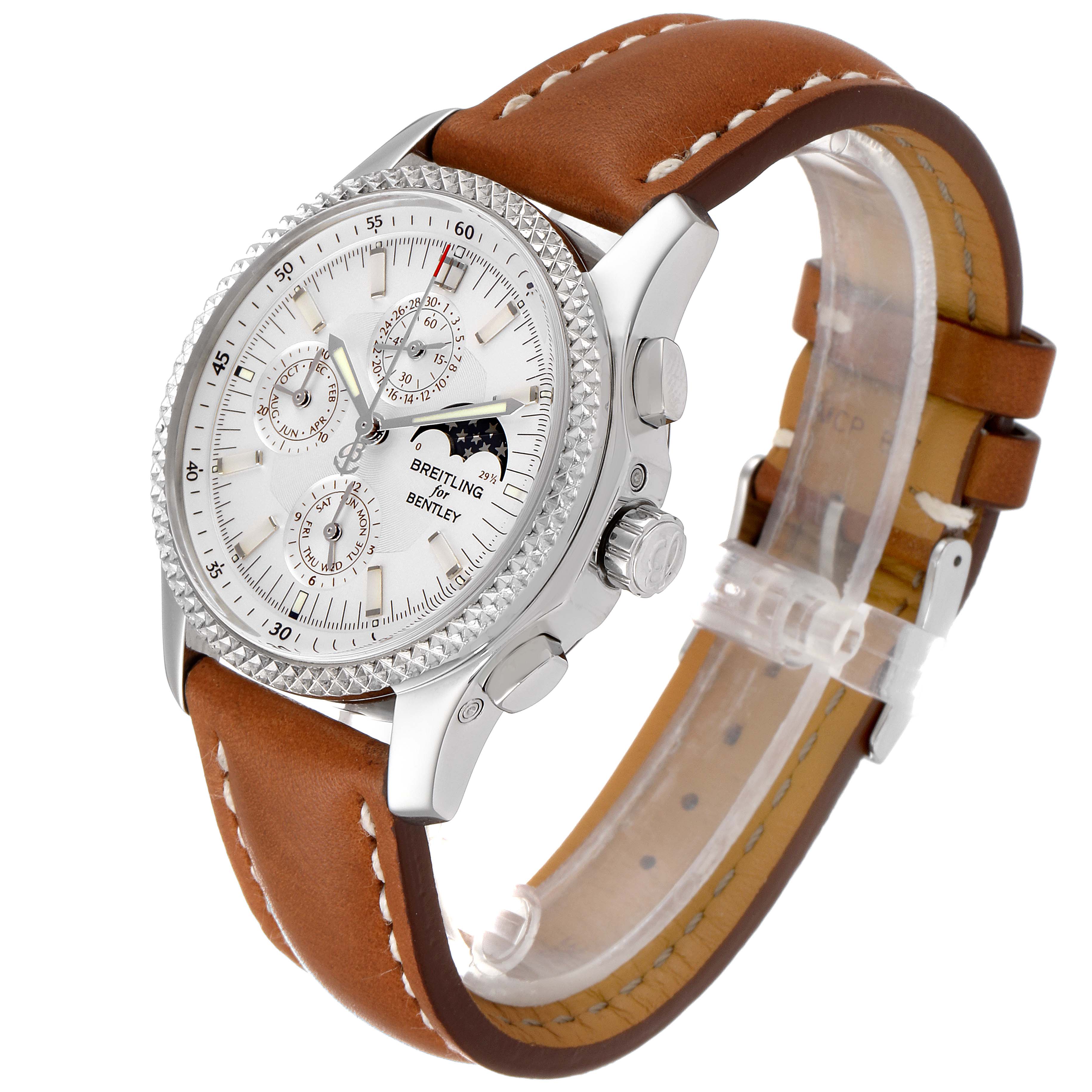 The image shows a Bentley model watch by Breitling at a 45-degree angle featuring the face, crown, pushers, and brown leather strap.