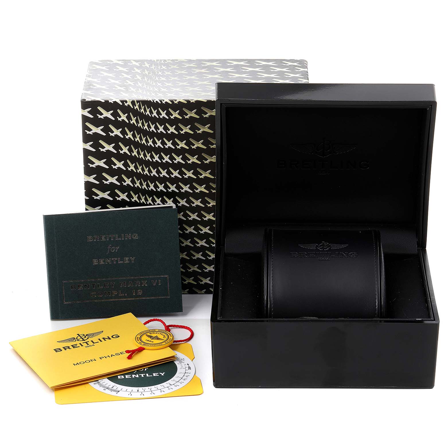 The image shows the packaging, case, and accessories for the Breitling Bentley P19362 Men's Stainless Steel Mother of Pearl Dial P19362 Men's Stainless Steel Mother of Pearl Dial model watch, including manuals and a certificate card.