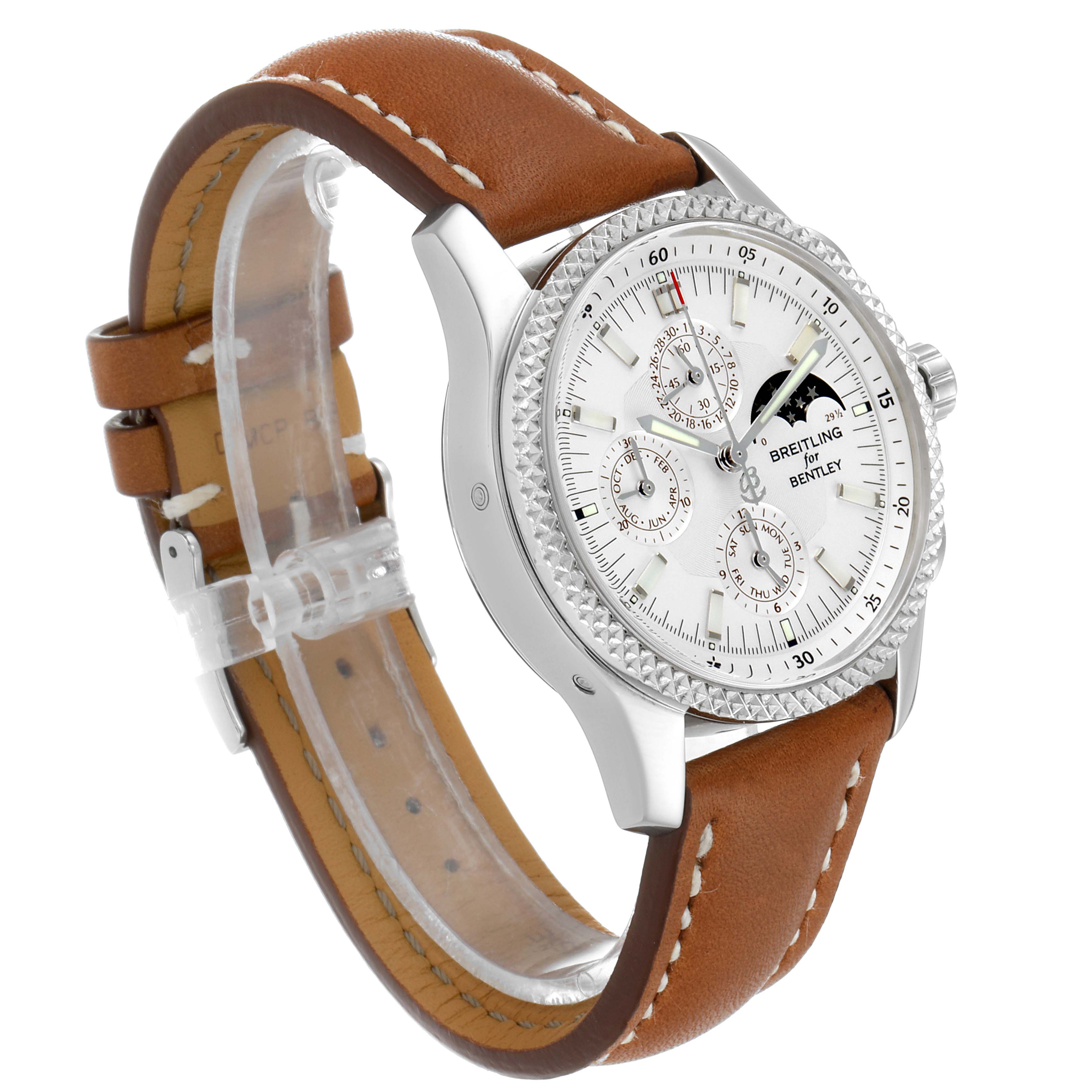 The Bentley model by Breitling is shown at a slight angle, displaying its face, dials, and brown leather strap.