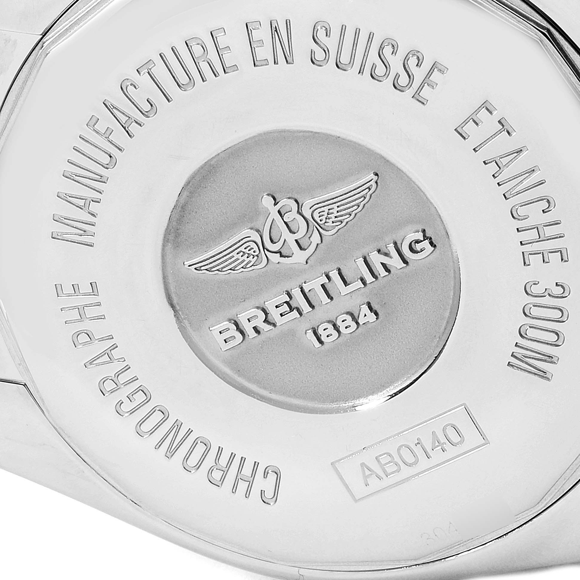 The image shows the back case of a Breitling Chronomat AB0140 Men's Stainless Steel Grey Dial AB0140 Men's Stainless Steel Grey Dial watch, highlighting engravings and branding elements.