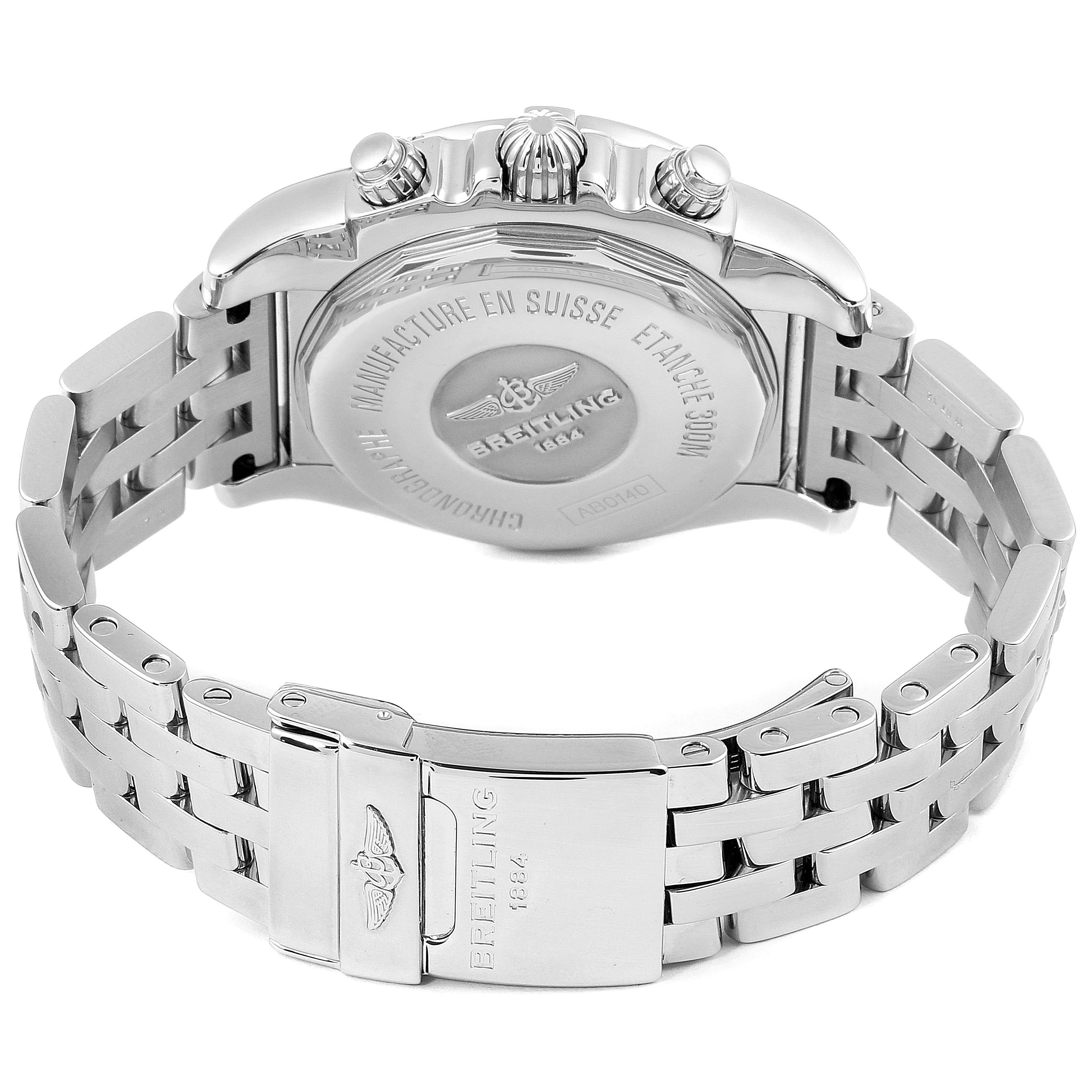 The image shows the back and bracelet clasp of a Breitling Chronomat AB0140 Men's Stainless Steel Grey Dial AB0140 Men's Stainless Steel Grey Dial watch, highlighting its stainless steel build and engravings.