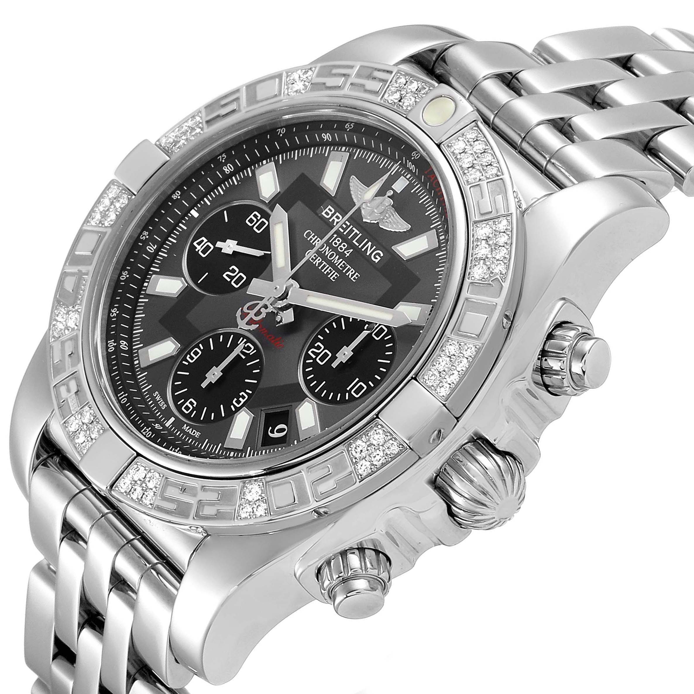 The image shows a close-up side angle of the Breitling Chronomat AB0140 Men's Stainless Steel Grey Dial AB0140 Men's Stainless Steel Grey Dial watch, highlighting its dial, bezel, and bracelet.