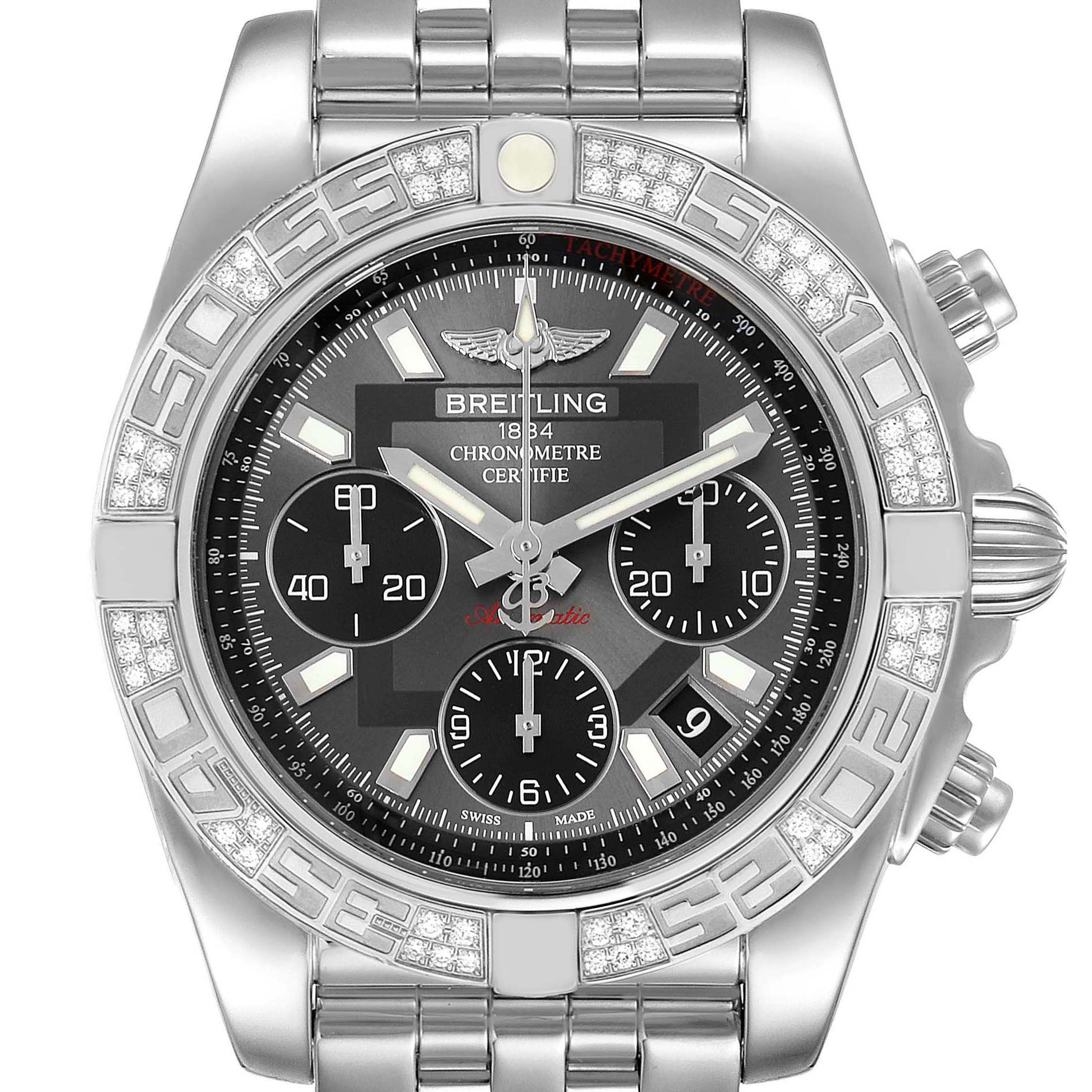 The image shows a front view of the Breitling Chronomat AB0140 Men's Stainless Steel Grey Dial AB0140 Men's Stainless Steel Grey Dial watch, highlighting its dial, bezel, and part of the bracelet.