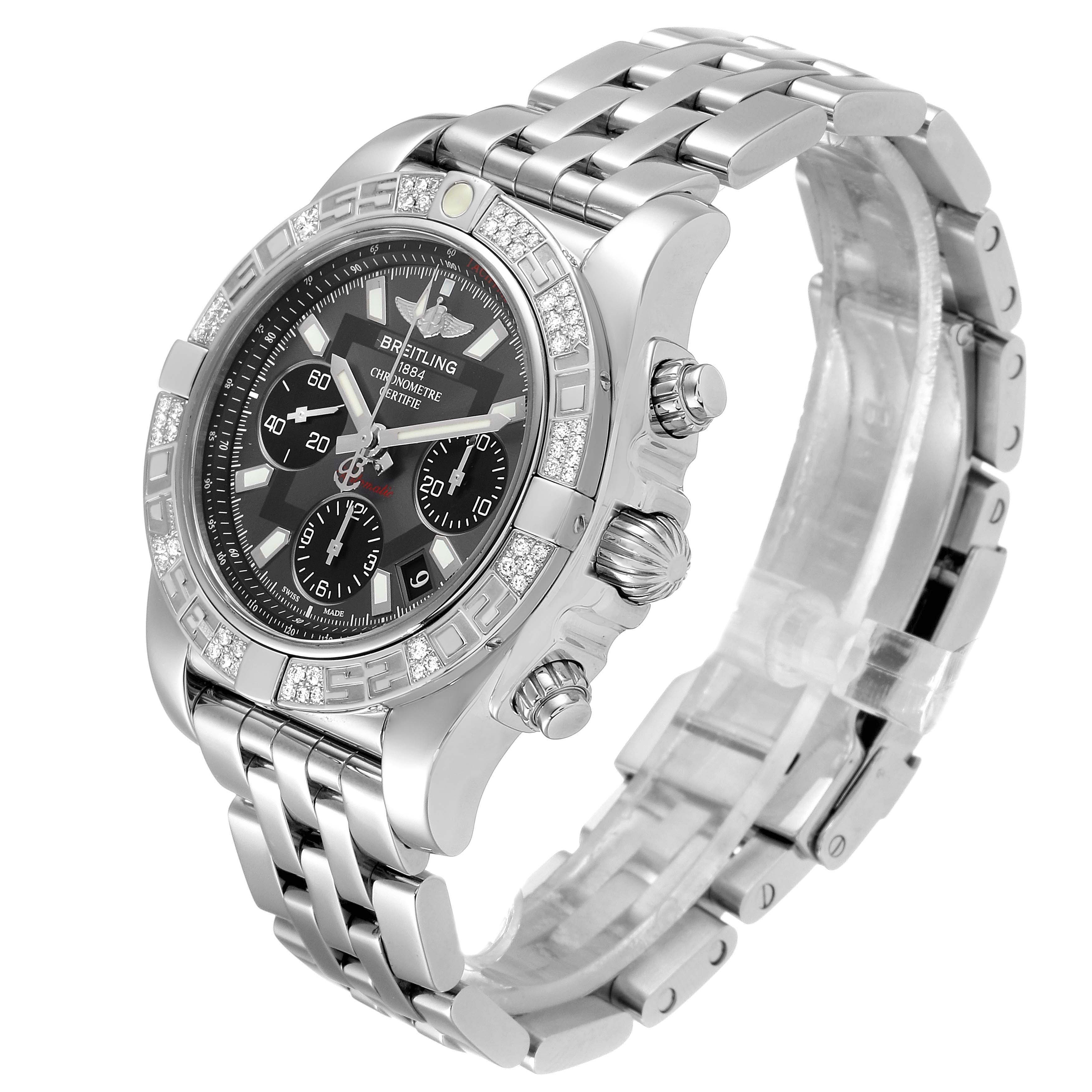 The image shows a side and front angle of a Breitling Chronomat AB0140 Men's Stainless Steel Grey Dial AB0140 Men's Stainless Steel Grey Dial watch, highlighting the bracelet, dial, and bezel.