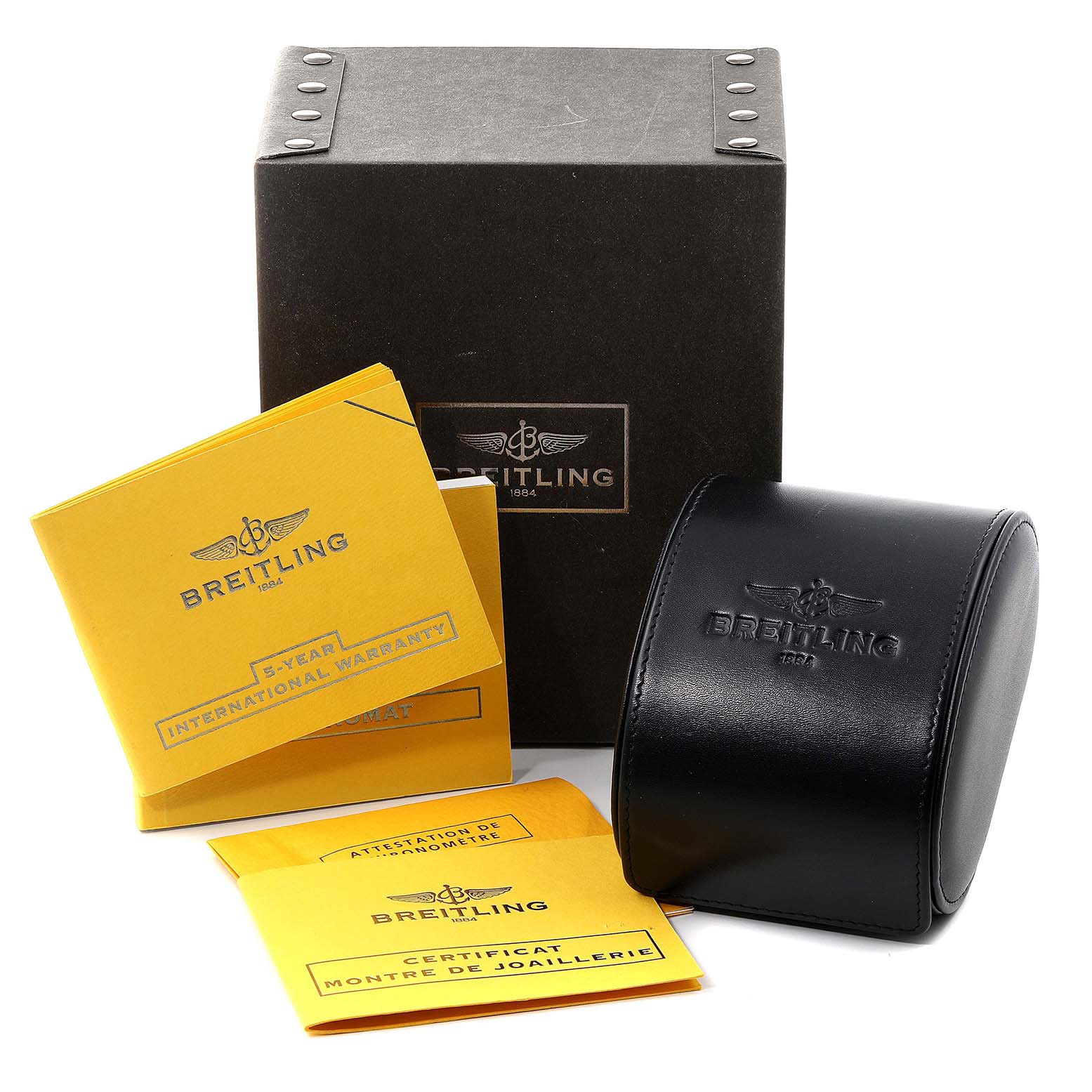 The Breitling Chronomat AB0140 Men's Stainless Steel Grey Dial AB0140 Men's Stainless Steel Grey Dial watch accessories include a black case, warranty card, certificates, and a branded box.