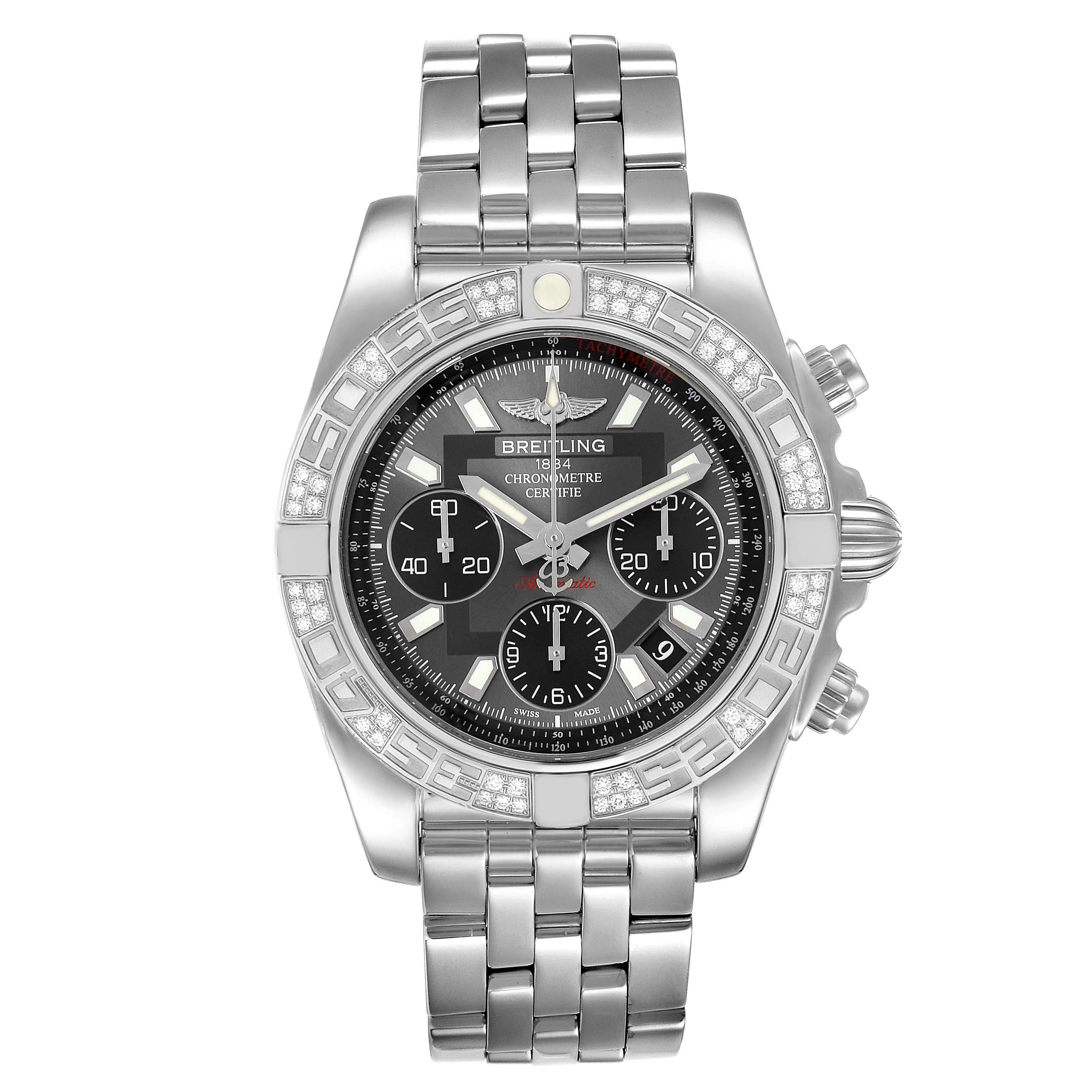 The image shows a Breitling Chronomat AB0140 Men's Stainless Steel Grey Dial AB0140 Men's Stainless Steel Grey Dial watch from a front angle, displaying its dial, hands, subdials, and bracelet.