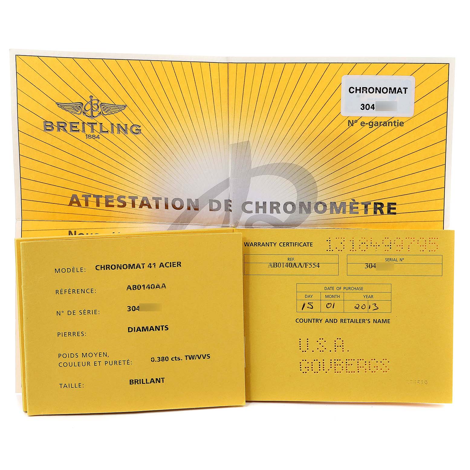 The image shows certification documents for the Chronomat model by Breitling, including warranty and attestation of chronometer certificates.