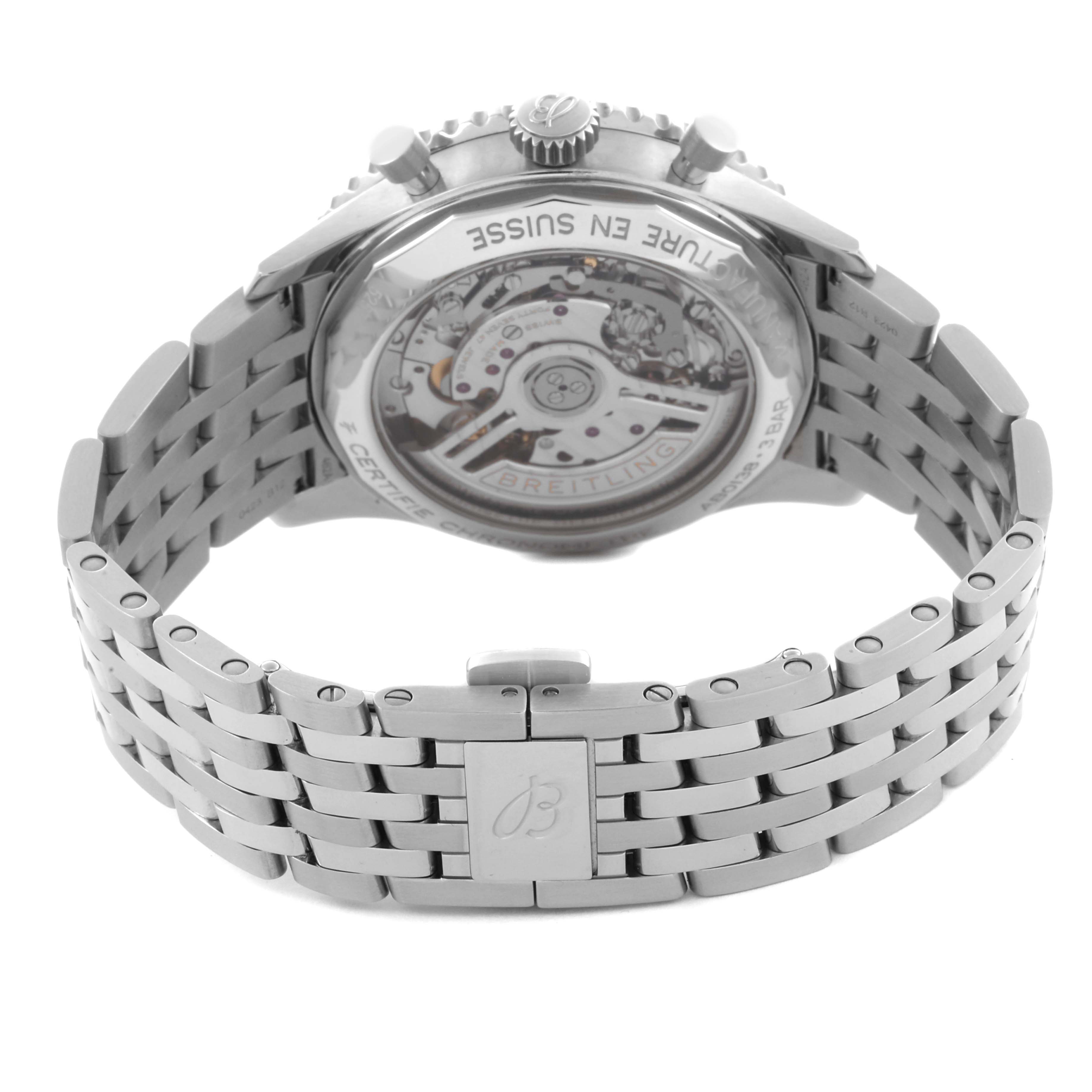 The image shows the back view of a Breitling Navitimer AB0138 Men's Stainless Steel Pink Dial AB0138 Men's Stainless Steel Pink Dial, highlighting the transparent case back and metal bracelet.