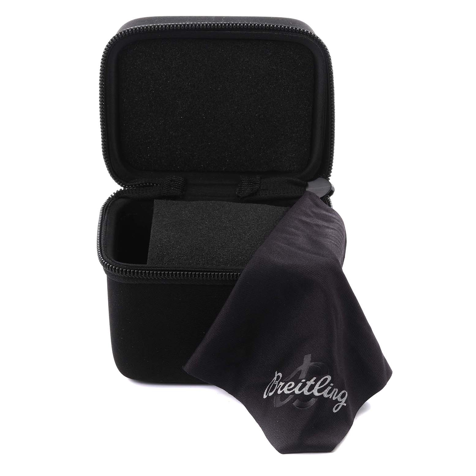 The image shows a Breitling Navitimer AB0138 Men's Stainless Steel Pink Dial AB0138 Men's Stainless Steel Pink Dial watch case with a black cleaning cloth branded with the Breitling logo.