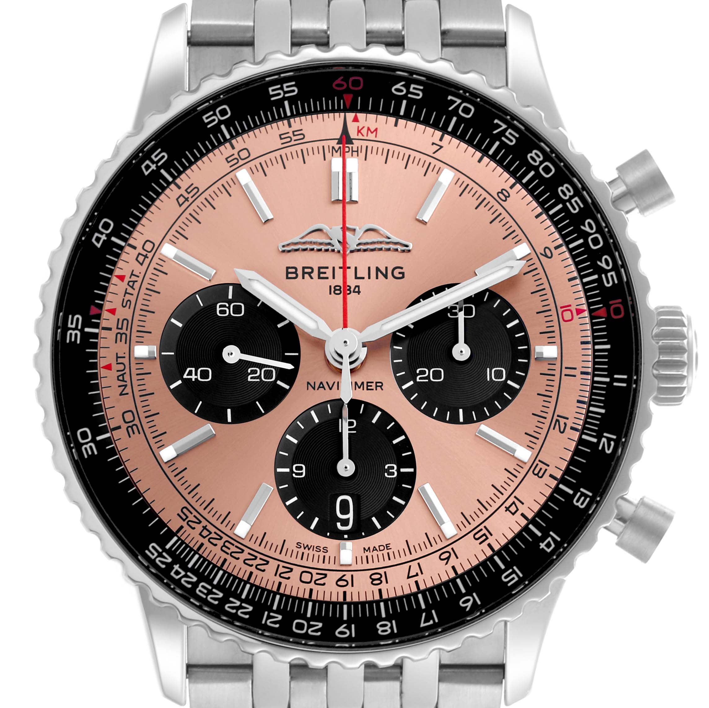 The image shows a Breitling Navitimer AB0138 Men's Stainless Steel Pink Dial AB0138 Men's Stainless Steel Pink Dial watch face and bracelet from a front angle, highlighting its dials and bezel.