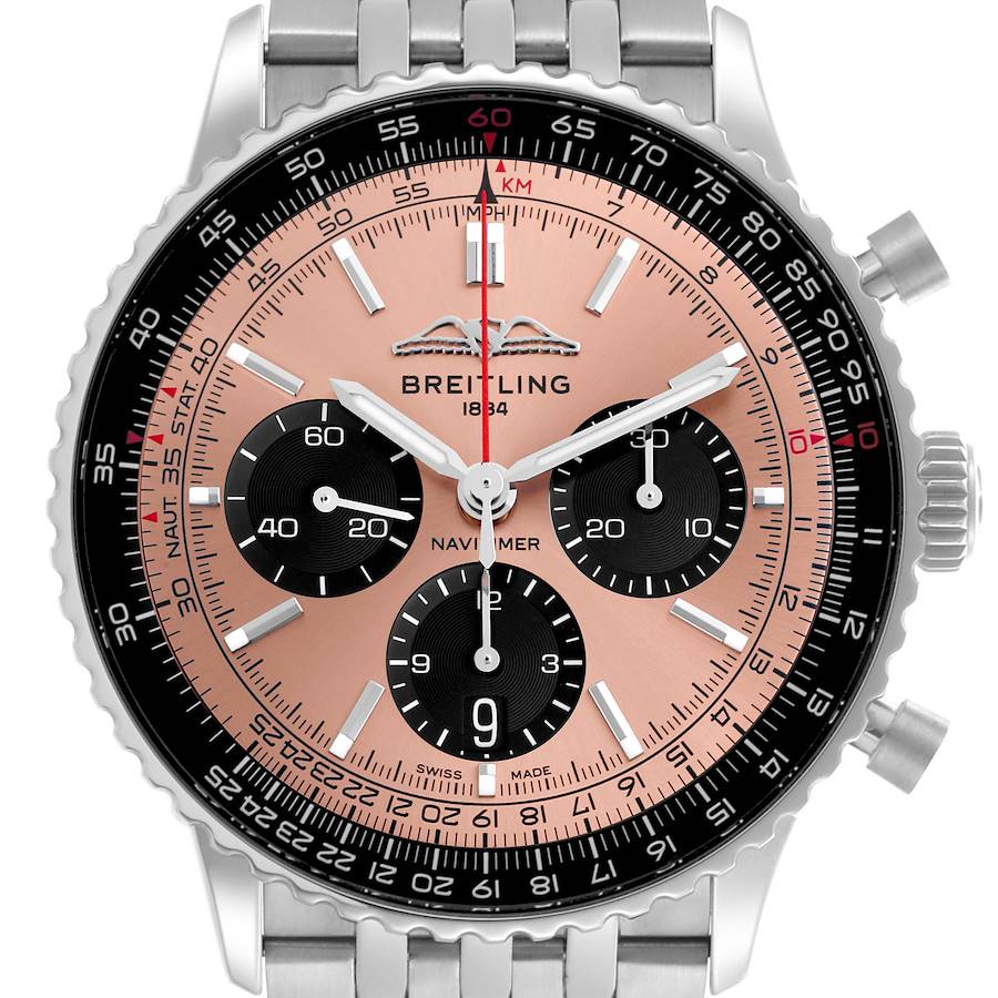 The image shows a Breitling Navitimer watch face and bracelet from a front angle, highlighting its dials and bezel.