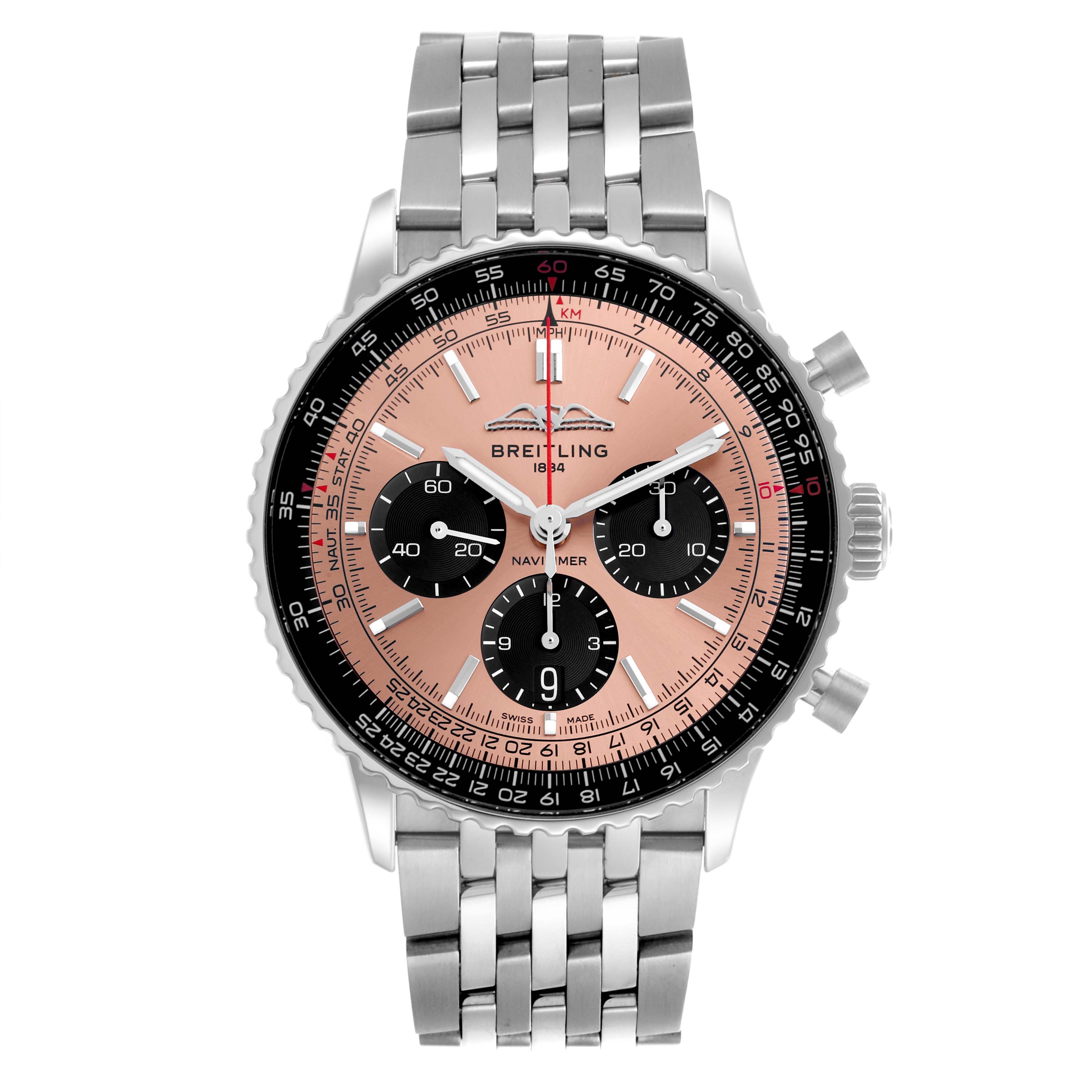 The Breitling Navitimer AB0138 Men's Stainless Steel Pink Dial AB0138 Men's Stainless Steel Pink Dial watch is shown from a front angle highlighting its dial, bracelet, and buttons.