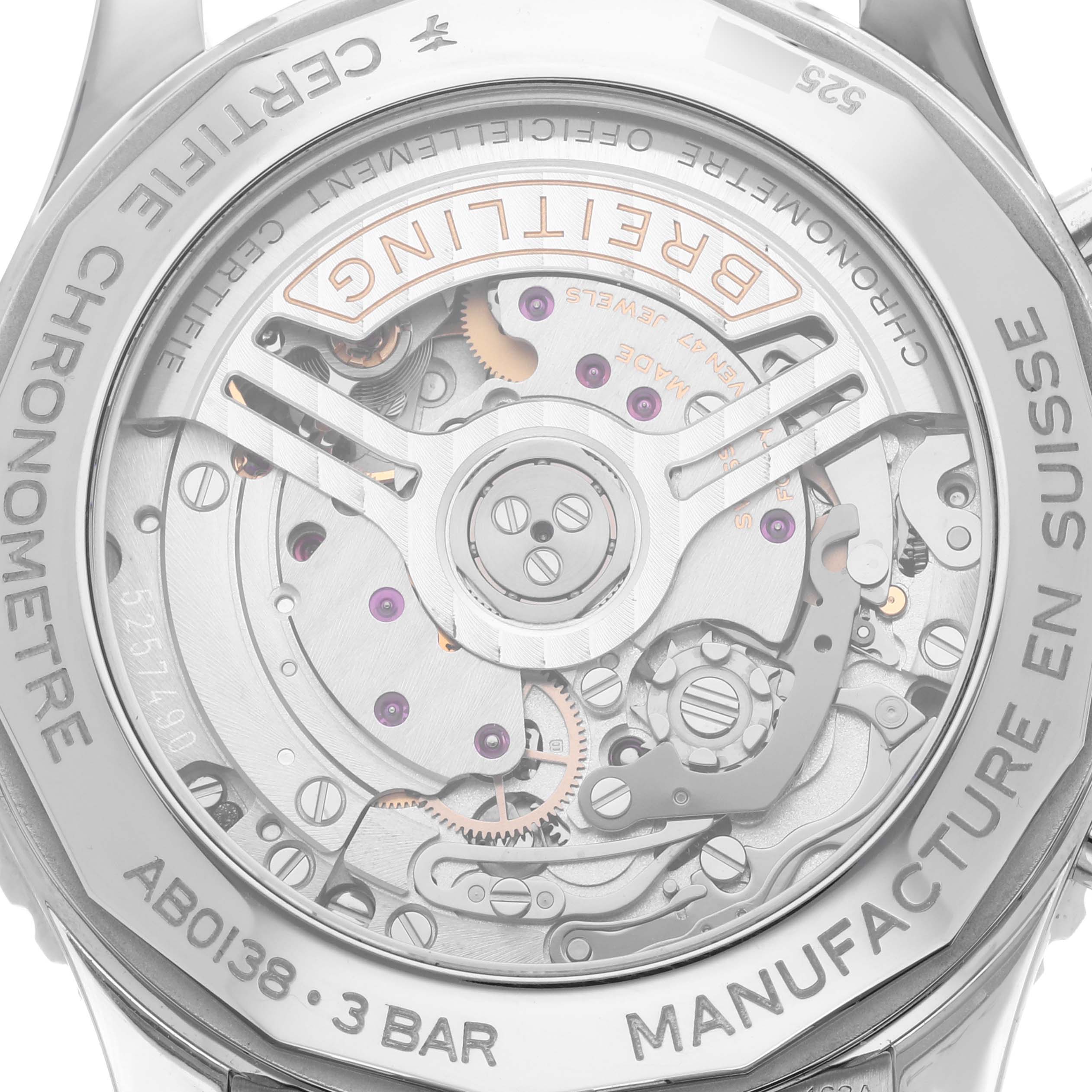 The image shows the back of a Breitling Navitimer AB0138 Men's Stainless Steel Pink Dial AB0138 Men's Stainless Steel Pink Dial, revealing its intricate mechanical movement.