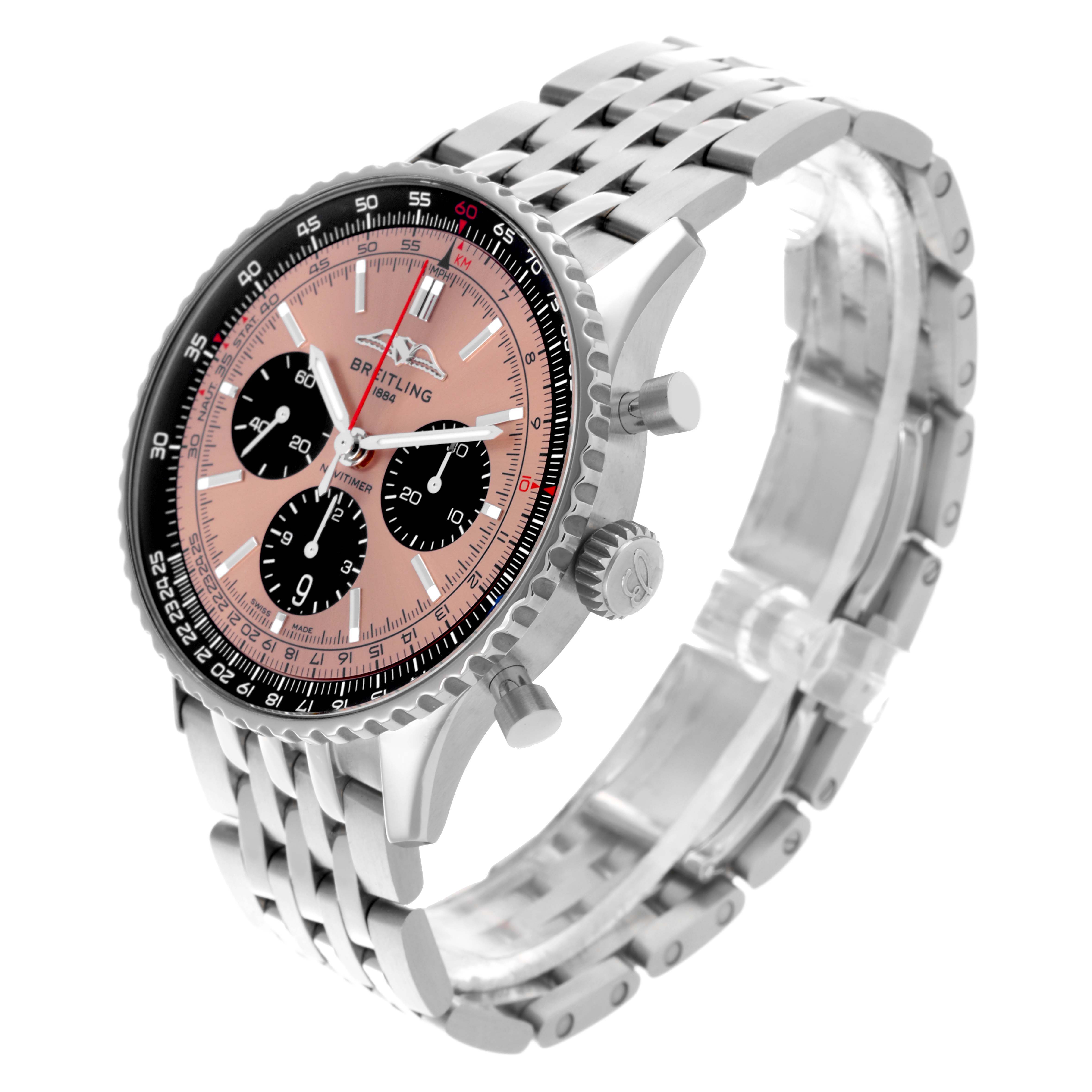 The Breitling Navitimer AB0138 Men's Stainless Steel Pink Dial AB0138 Men's Stainless Steel Pink Dial watch is shown at a three-quarter angle, highlighting the dial, bezel, and stainless steel bracelet.