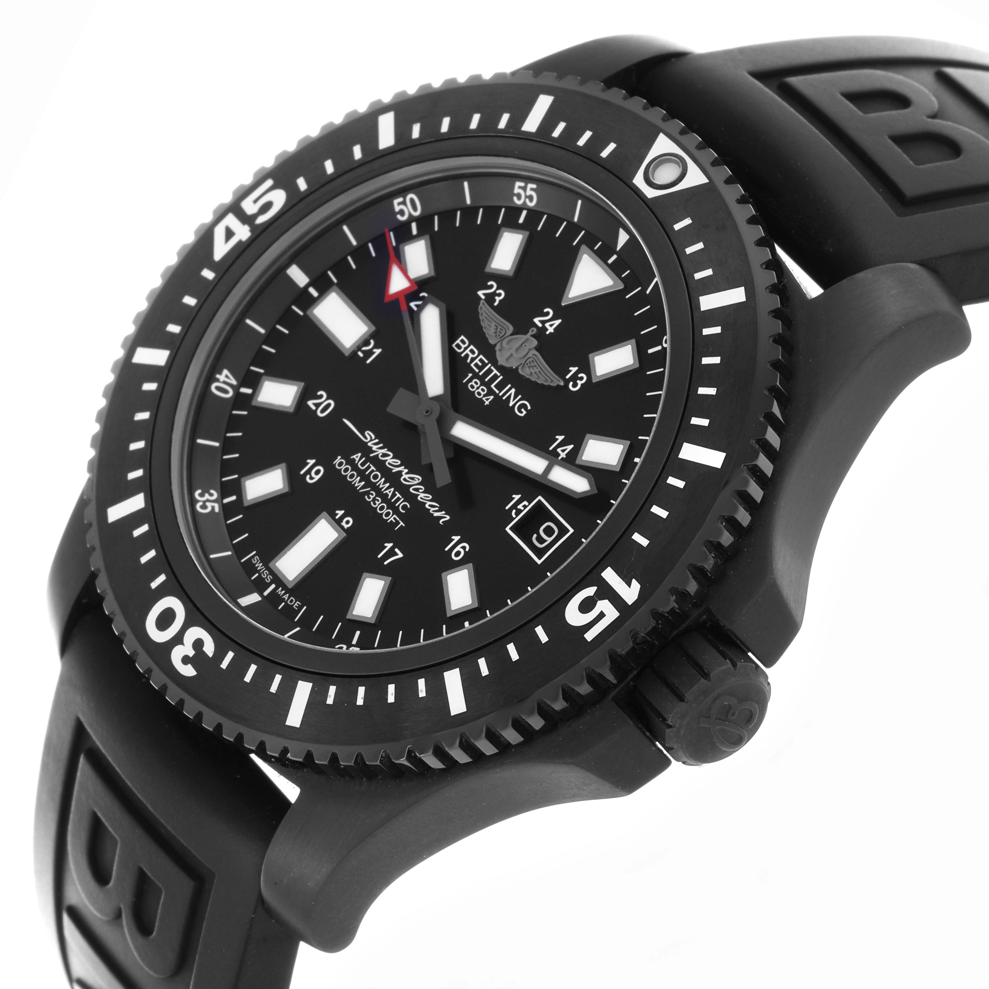 The Breitling Superocean M17393 Men's Stainless Steel Black Dial watch is shown at an angled side view, highlighting the bezel, dial, crown, and rubber strap.